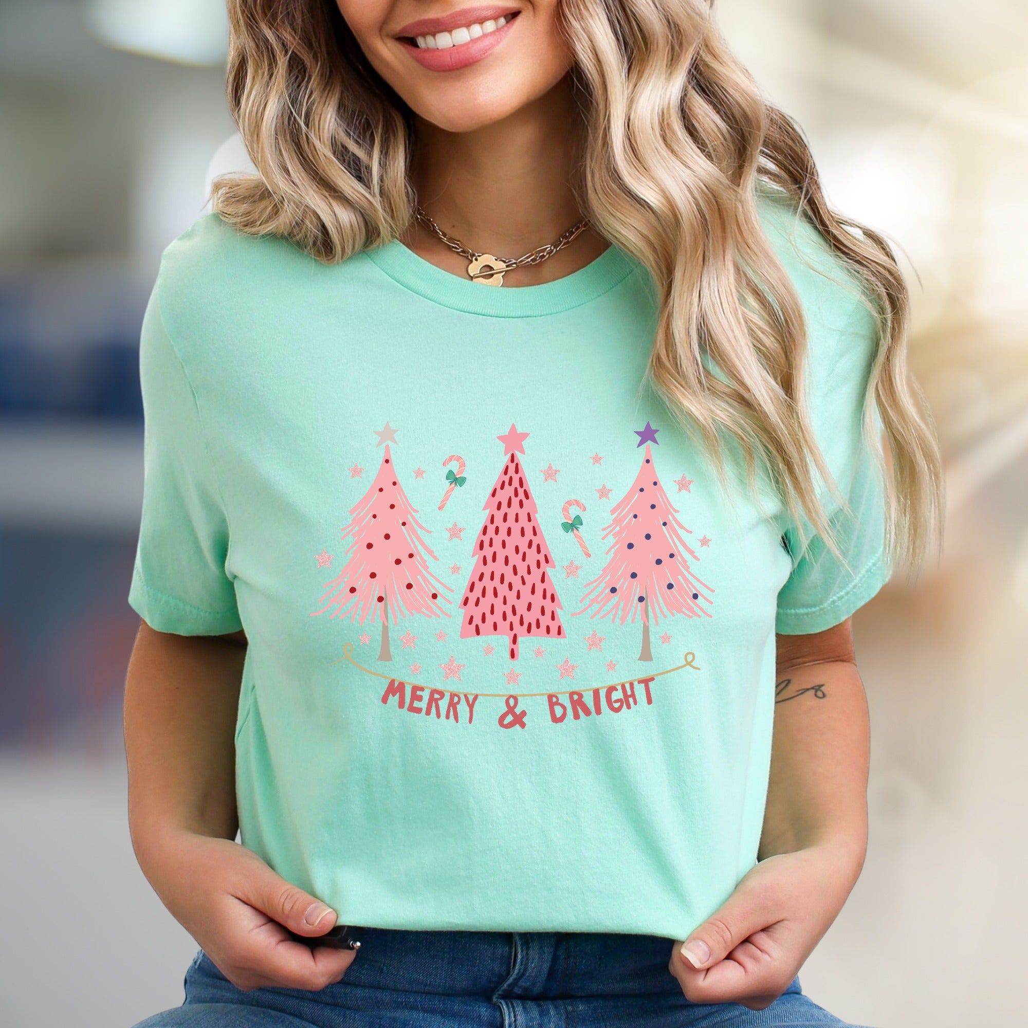 "Merry & Bright" Festive Christmas Trees Graphic Tee, a Whimsical Pick for Holiday Enthusiasts