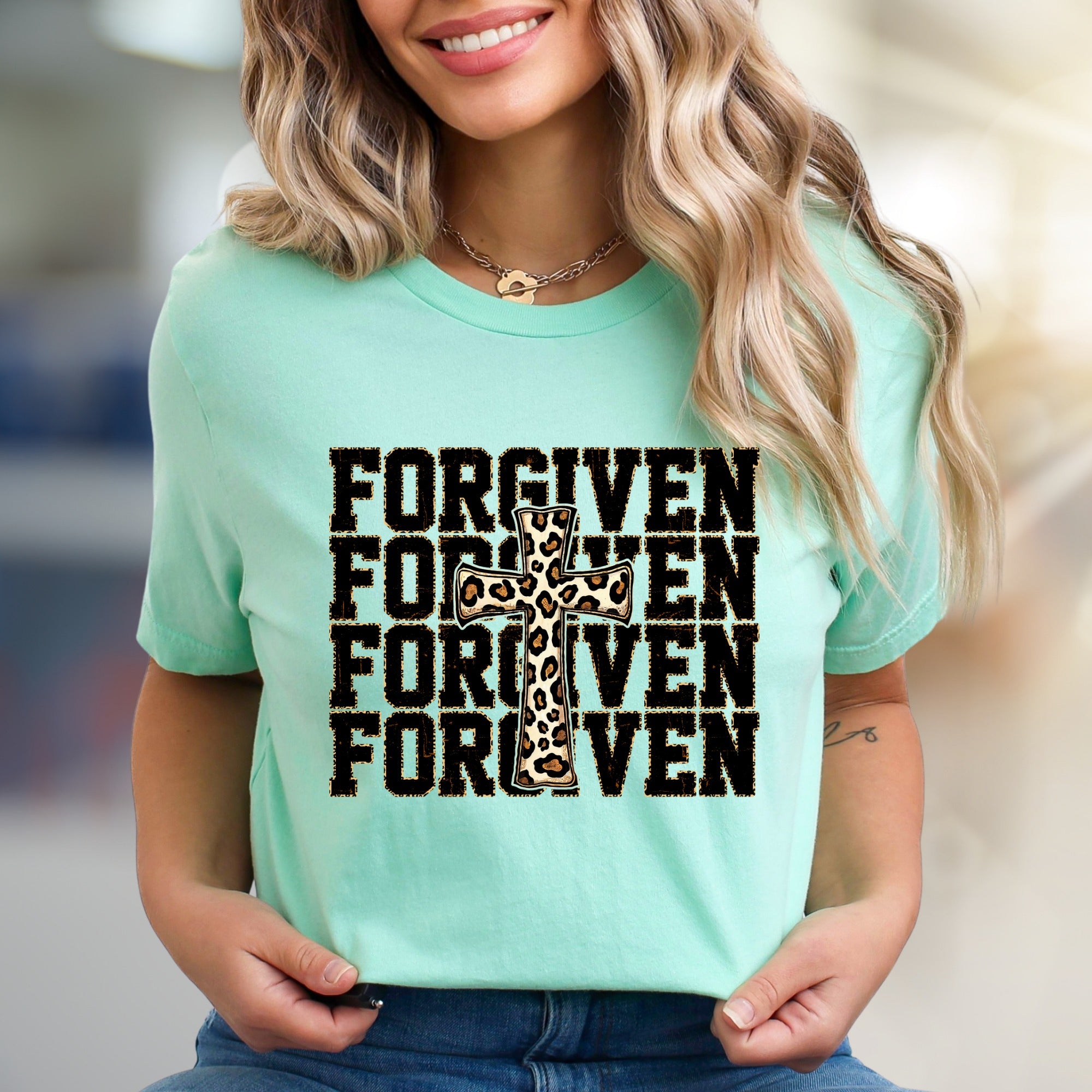 "FORGIVEN" Leopard Cross Graphic Tee, a Faith-Inspired Statement for Believers