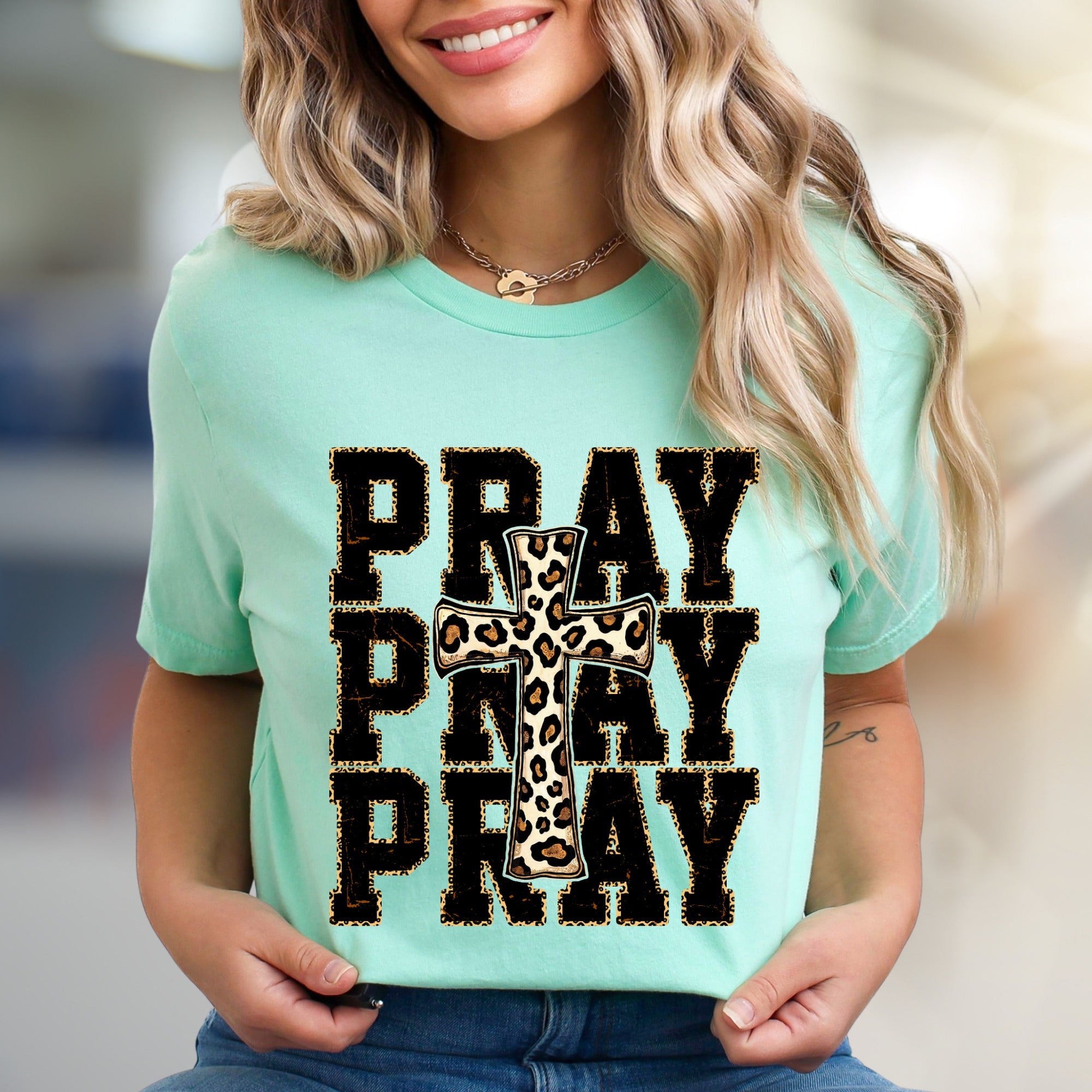 "PRAY" Leopard Print Cross Graphic Tee, a Faith-Inspired Western Pick for Her