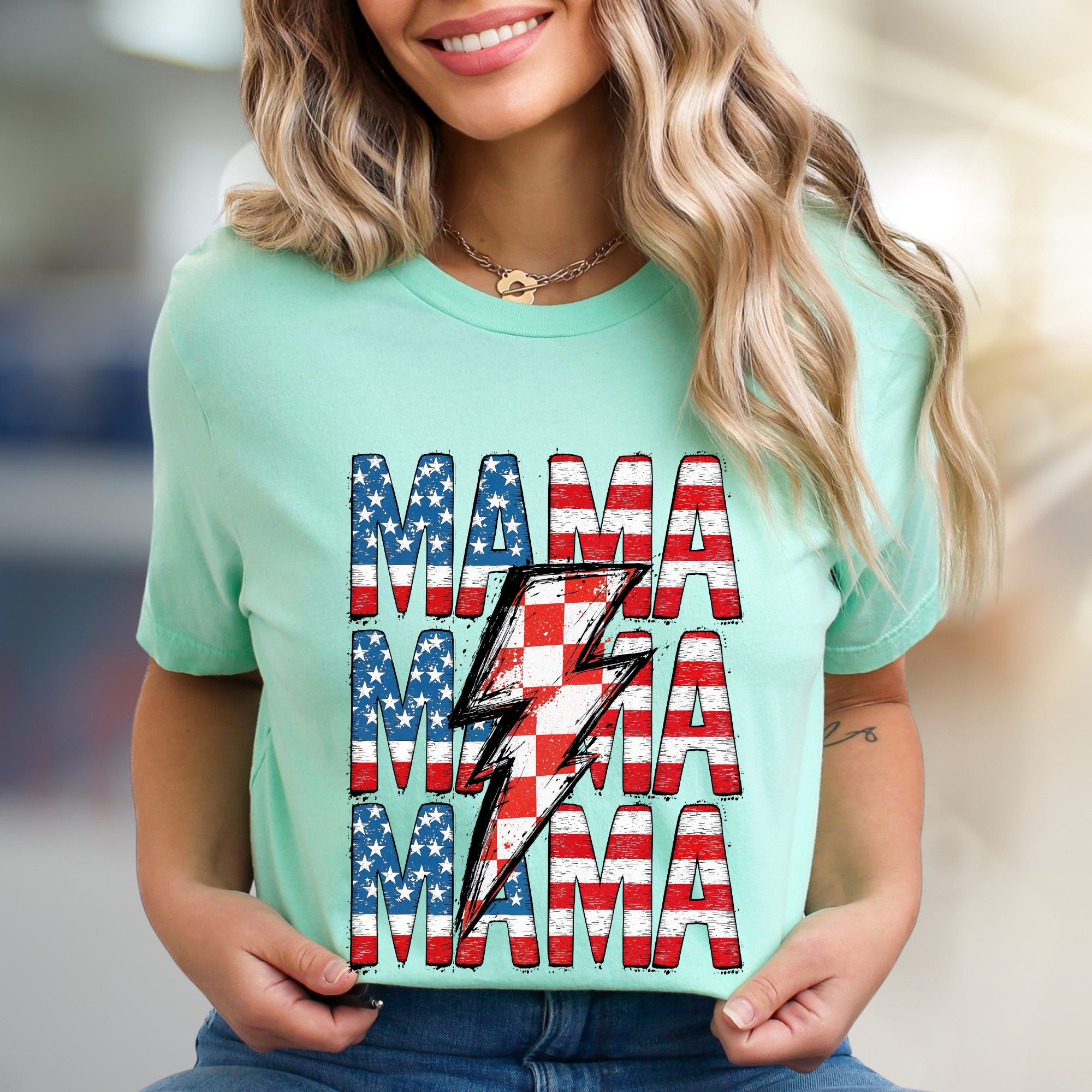 "MAMA" American Flag Lightning Bolt Graphic Tee, a Patriotic Pick for Proud Moms