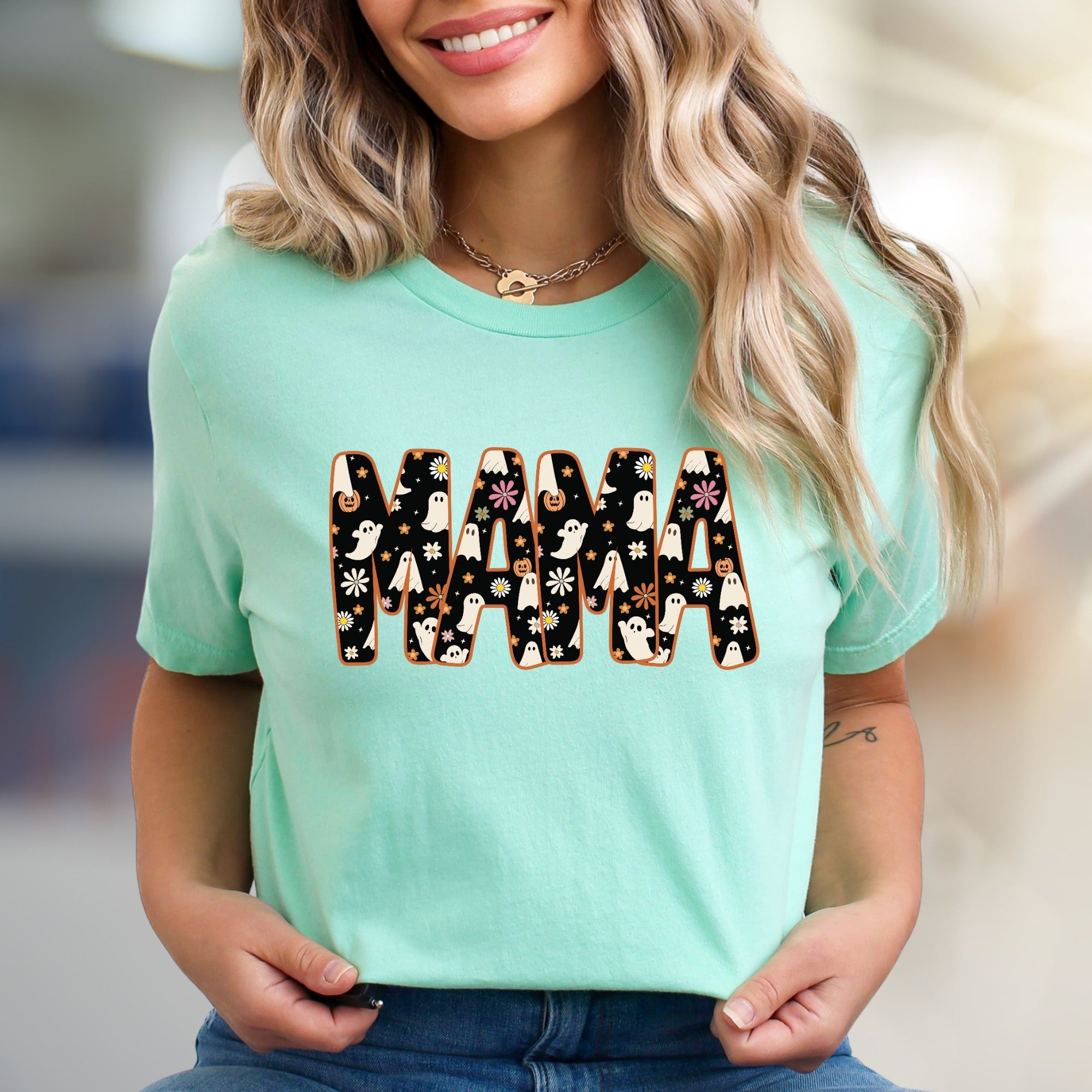 "MAMA" Spooky Floral Graphic Tee, a Retro-Spooky Pick for Halloween Lovers