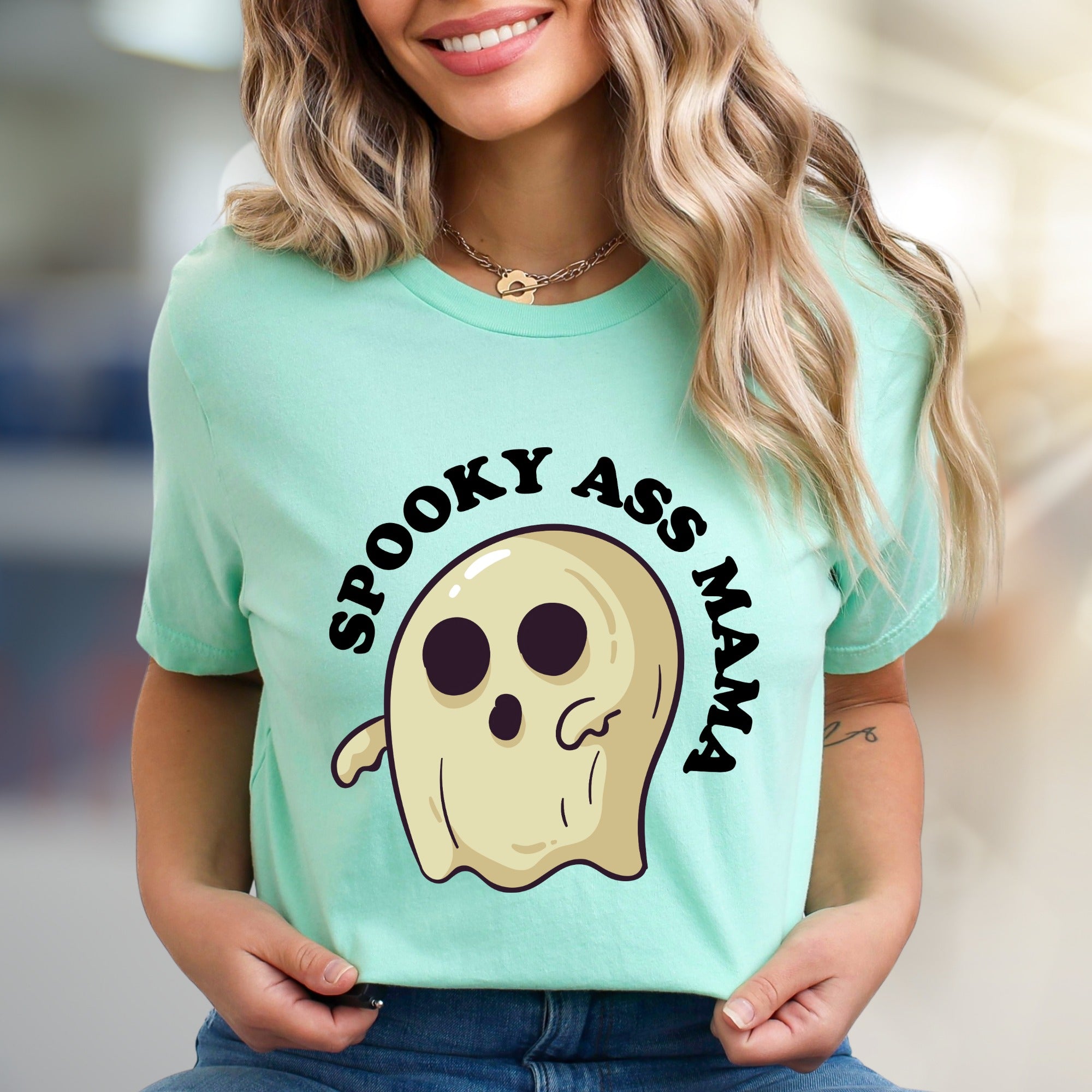 "SPOOKY ASS MAMA" Ghost Graphic Tee, a Quirky Halloween Pick for Moms