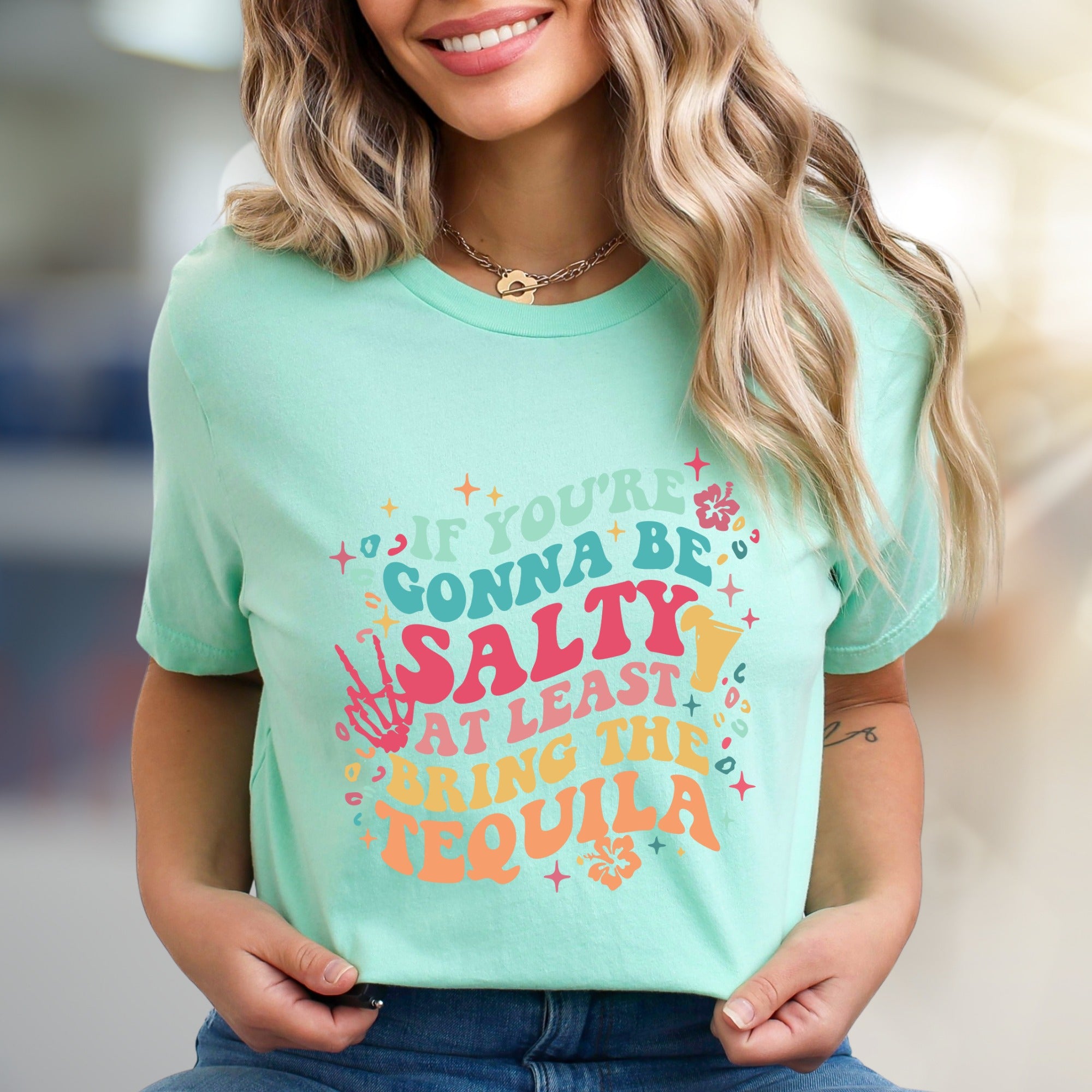 "If You're Gonna Be Salty At Least Bring The Tequila" Retro Graphic Tee, a Party Pick for Fun-Lovers