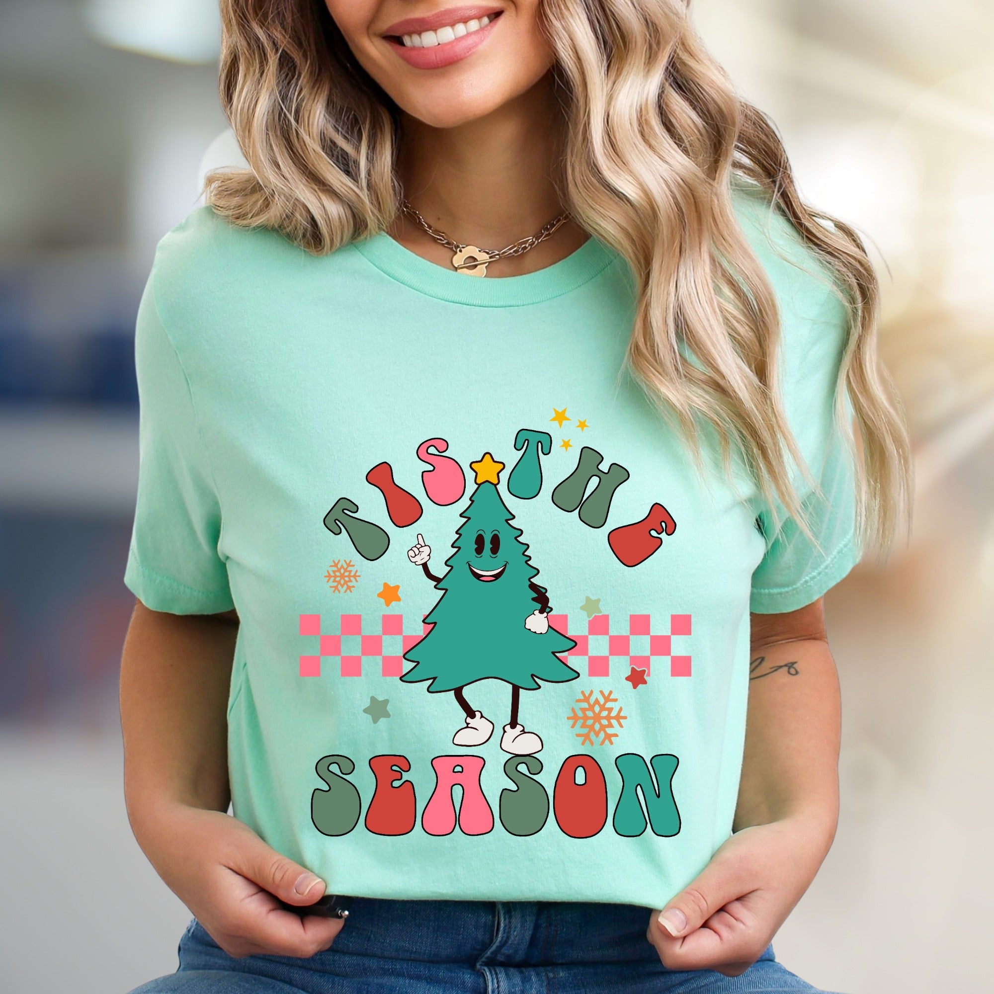 "Tis The Season" Retro Christmas Tree Graphic Tee, a Festive Holiday Pick for Enthusiasts