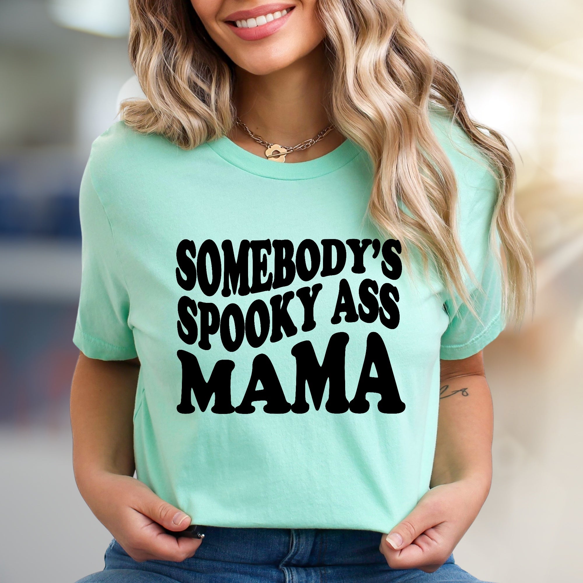 "Somebody's Spooky Ass Mama" Halloween Groovy Graphic Tee, a Funny Mama Spooky Season Pick for Moms