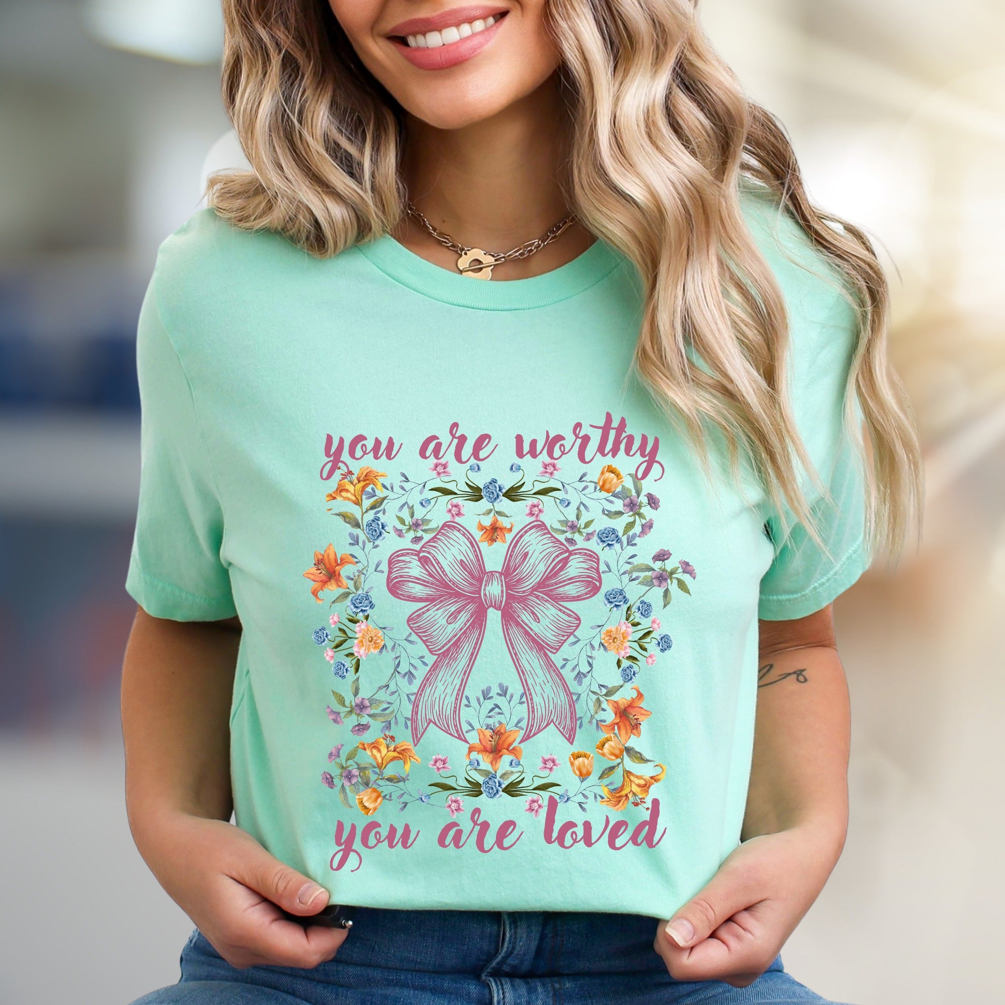 "You Are Worthy You Are Loved" Floral Bow Graphic Tee, a Self-Care Pick for Her