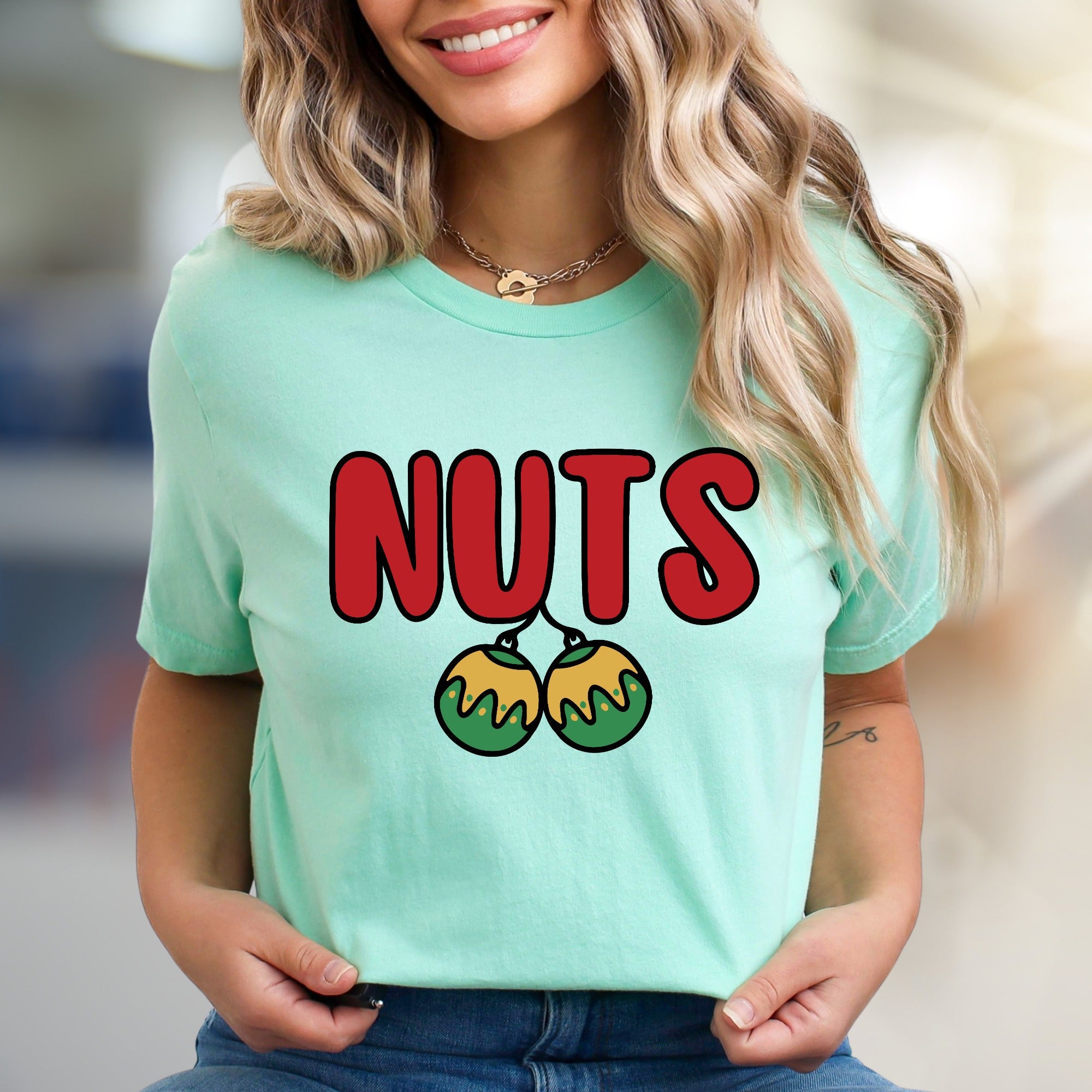 "NUTS" Holiday Balls Graphic Tee, a Festive Pick for Humor Enthusiasts