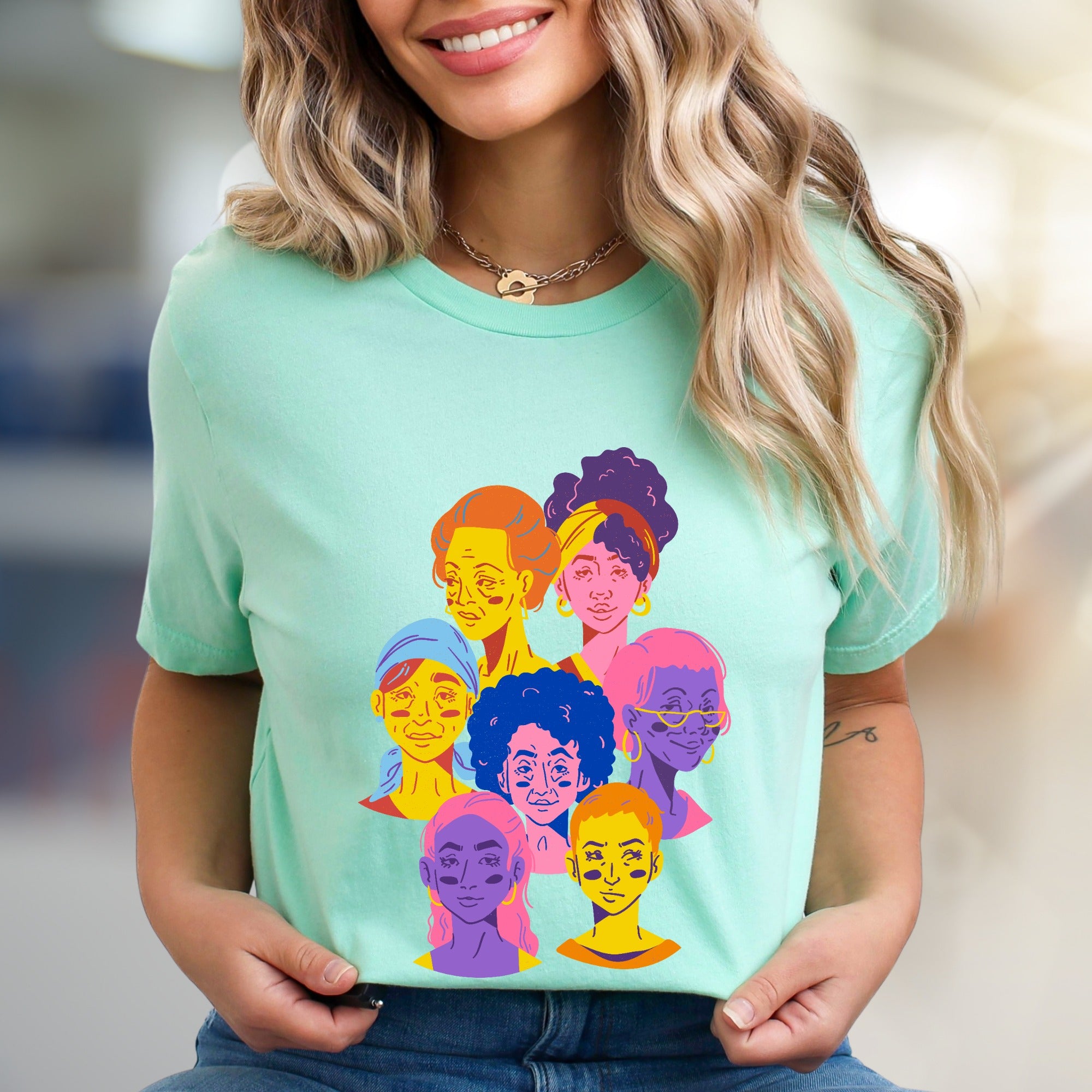 Vibrant Faces Diversity Tee, Artistic Graphic Pick for Inclusivity Advocates