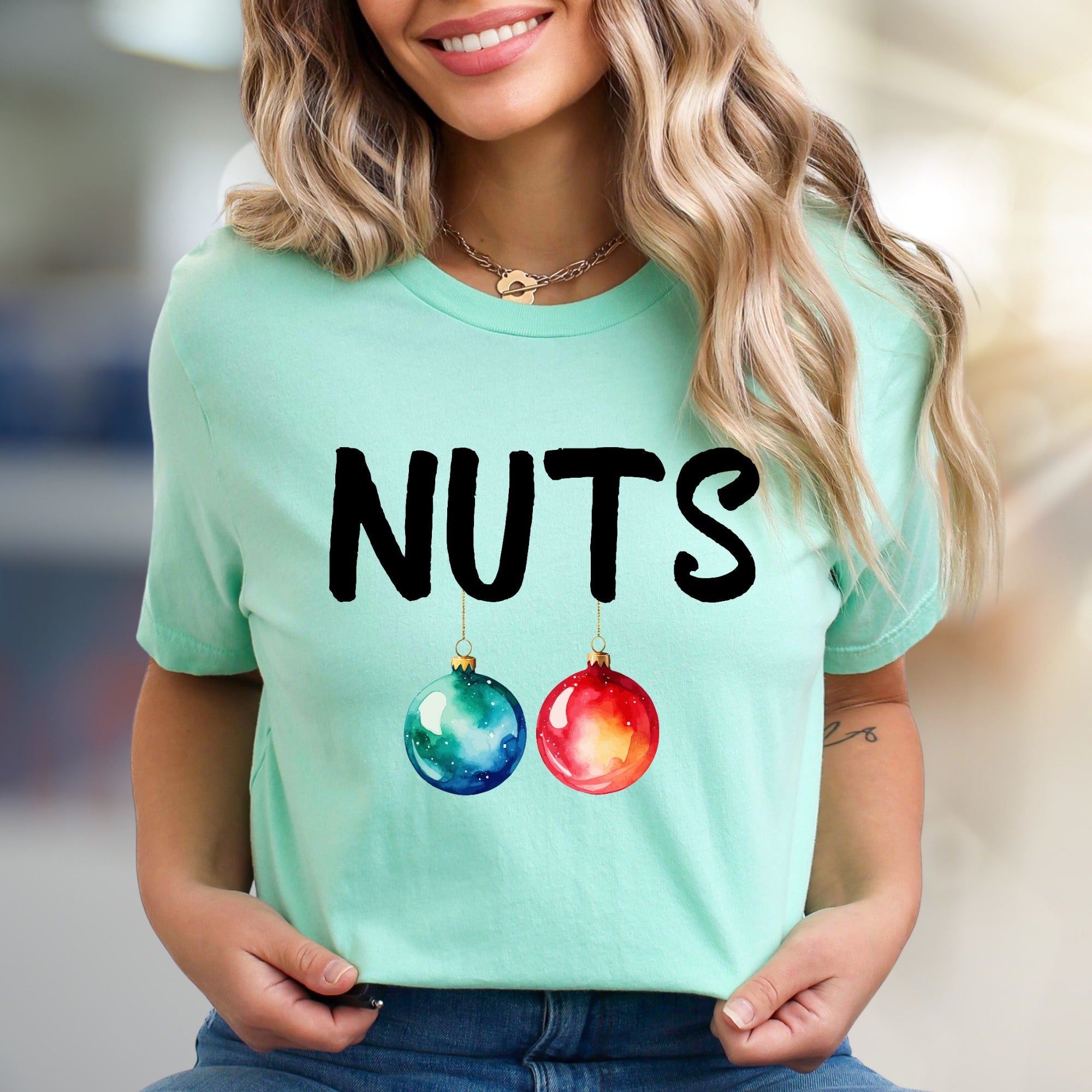 "NUTS" Christmas Ornaments Graphic Tee, a Funny Holiday Pick for Everyone