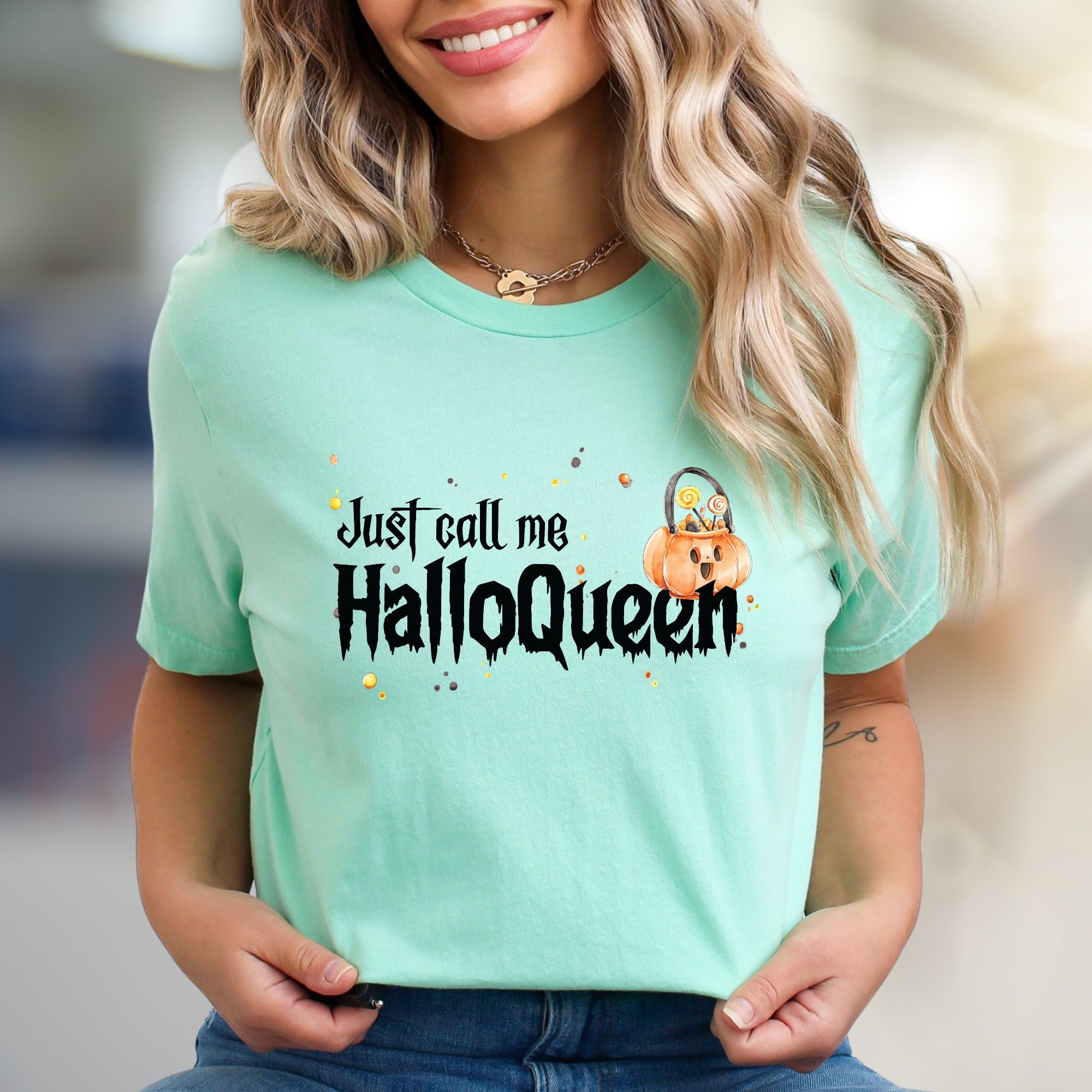 "Just Call Me Halloqueen" Spooky Fun Graphic Tee, a Halloween Pick for Trick-or-Treaters