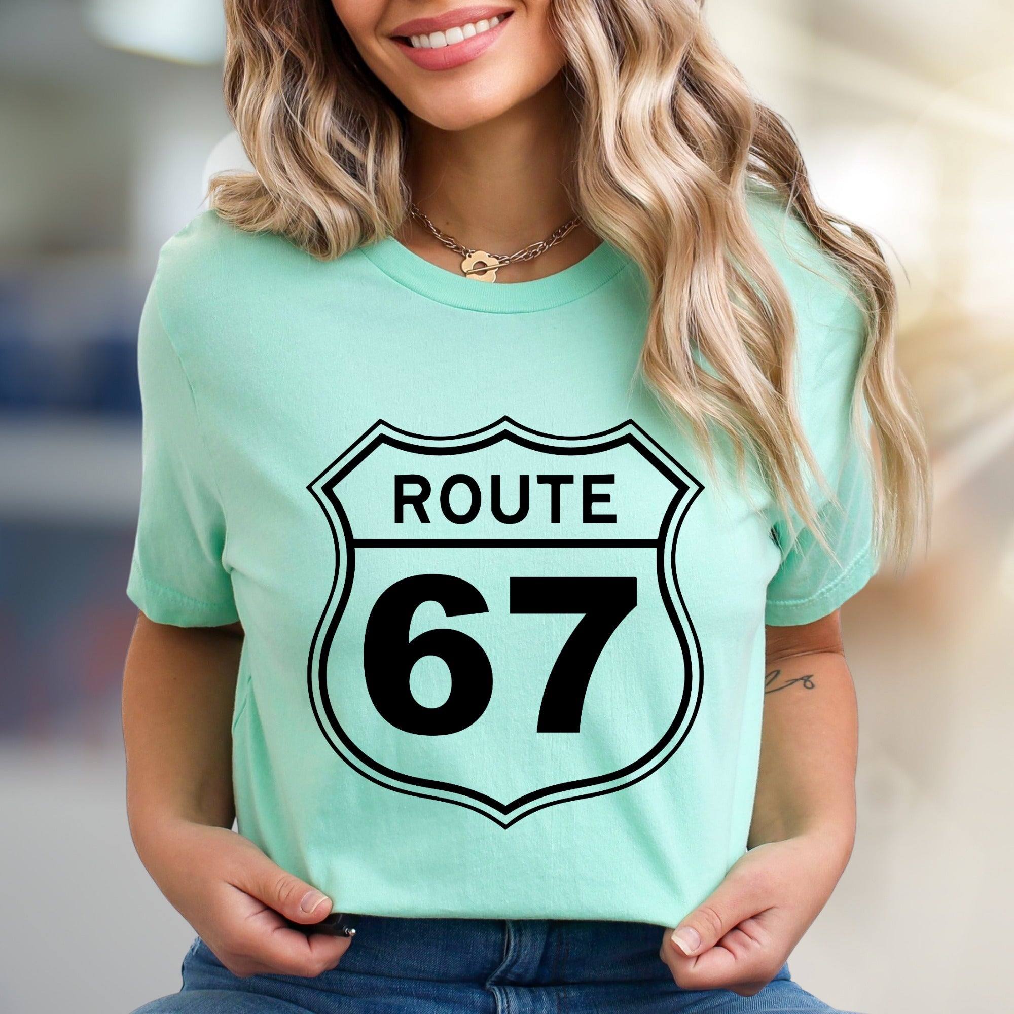 "Route 67" Highway Sign Graphic Tee, a Classic Road Trip Pick for Adventurers