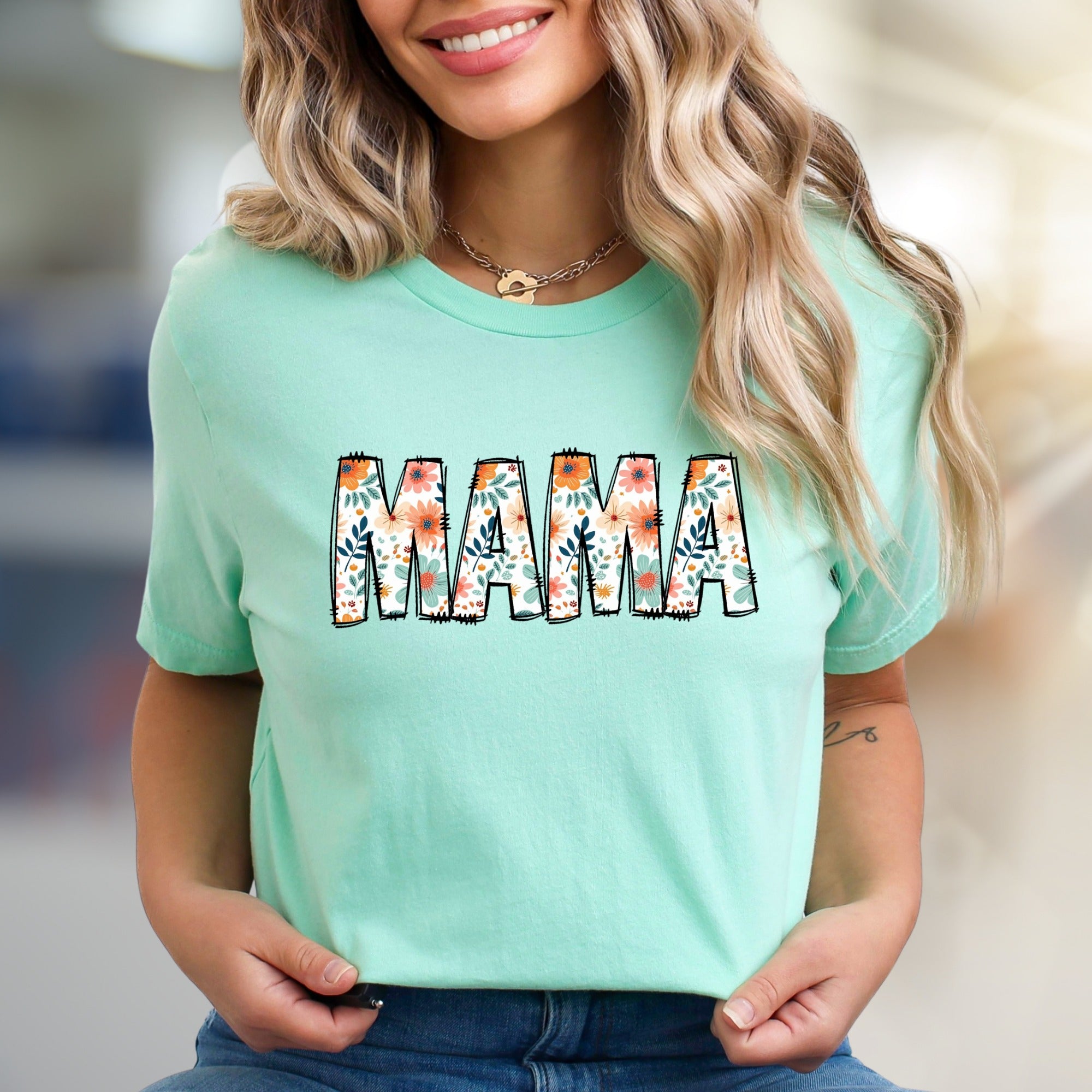 "MAMA" Floral Block Letter Graphic Tee, A Botanical Tribute for Moms