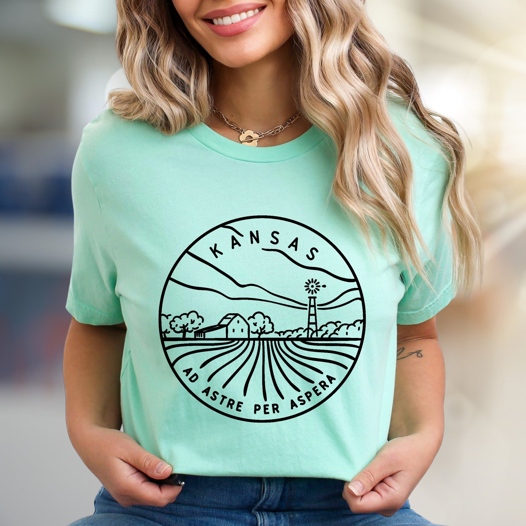"KANSAS AD ASTRE PER ASPERA" Minimalist State Graphic Tee, a Heartland Pick for Proud Kansans