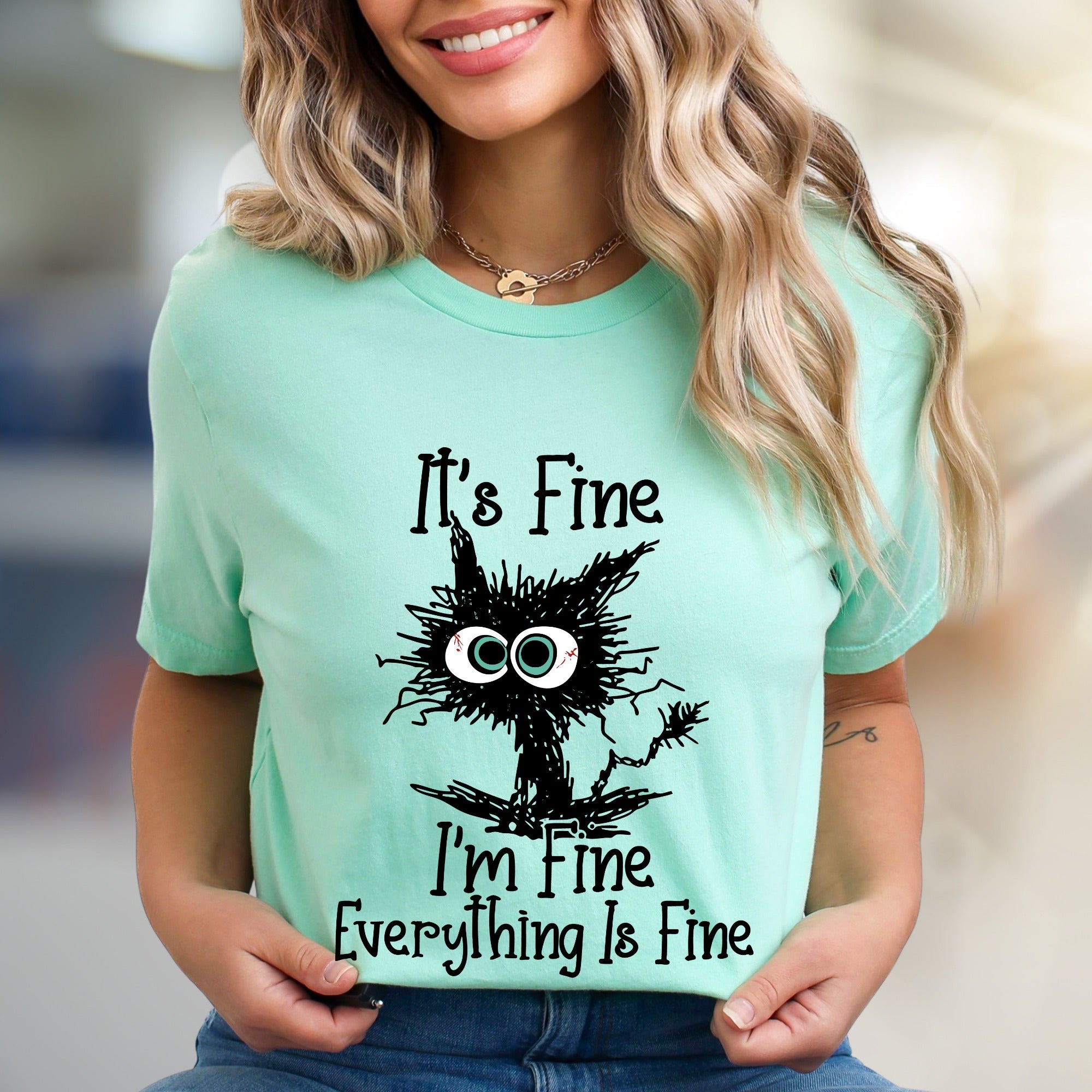 "It's Fine I'm Fine Everything Is Fine" Funny Cat Graphic Tee, a Witty Pick for Humor Lovers
