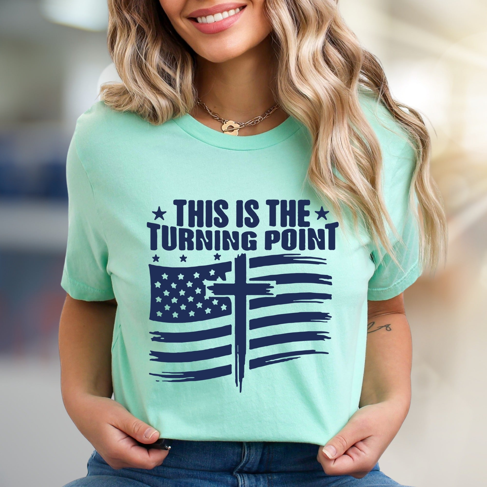 "THIS IS THE TURNING POINT" American Flag Cross Graphic Tee, a Faith-Inspired Statement