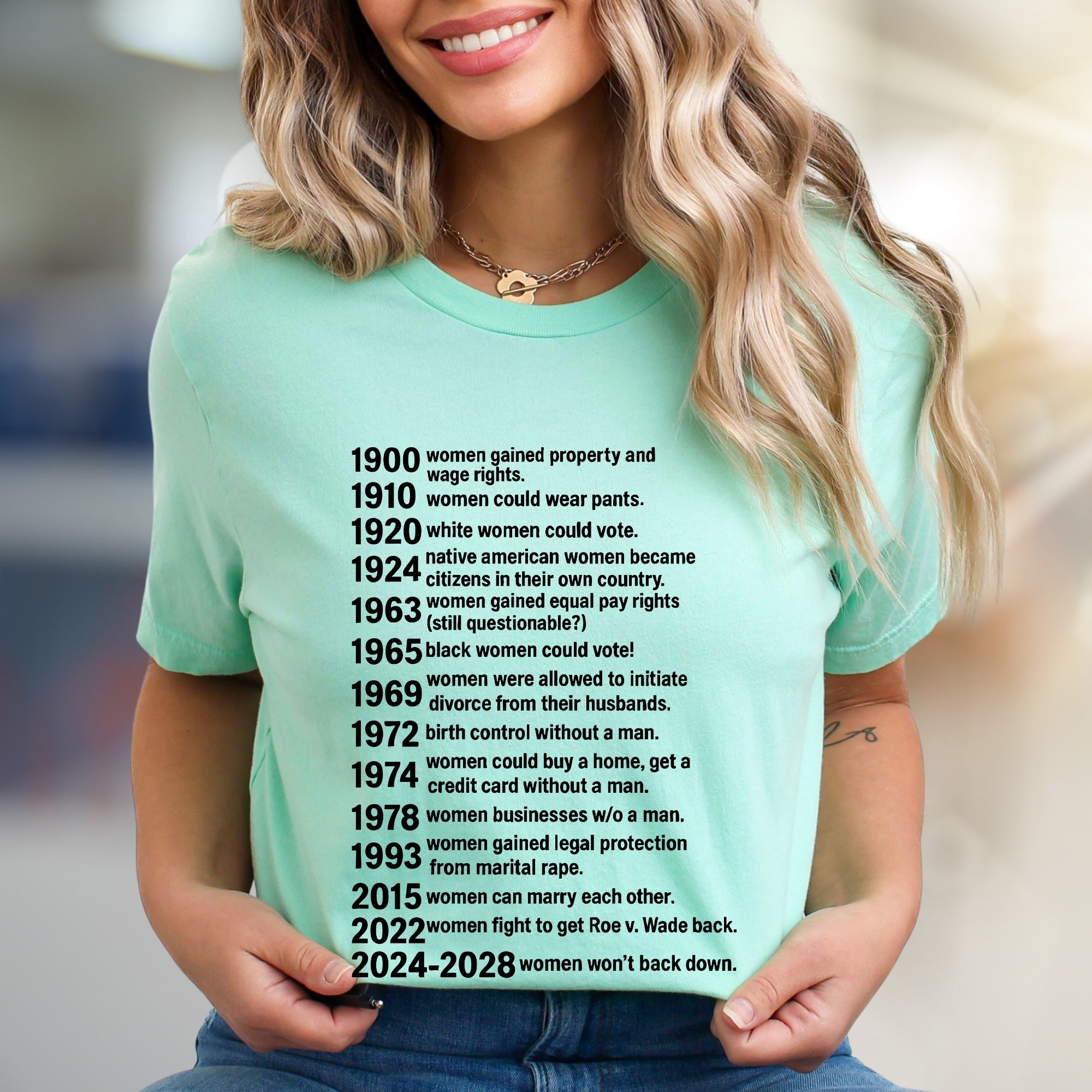 "Women Won't Back Down" Feminist Timeline Graphic Tee, a Statement Pick for Activists