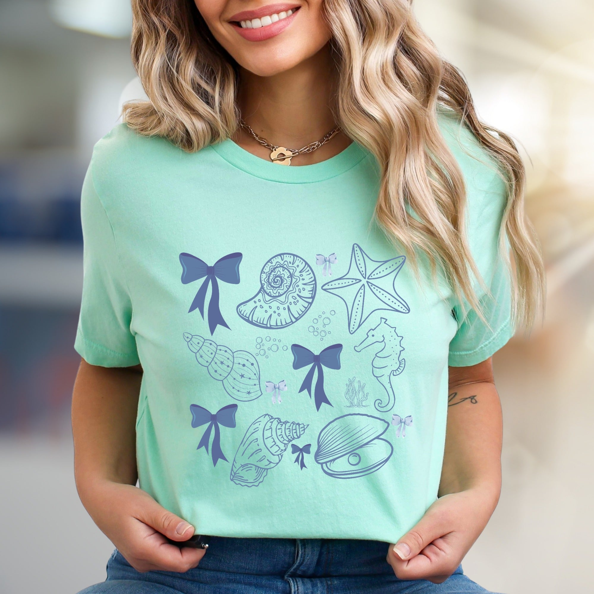 Oceanic Bows & Seashells Graphic Tee, a Whimsical Coastal Pick for Beach Lovers