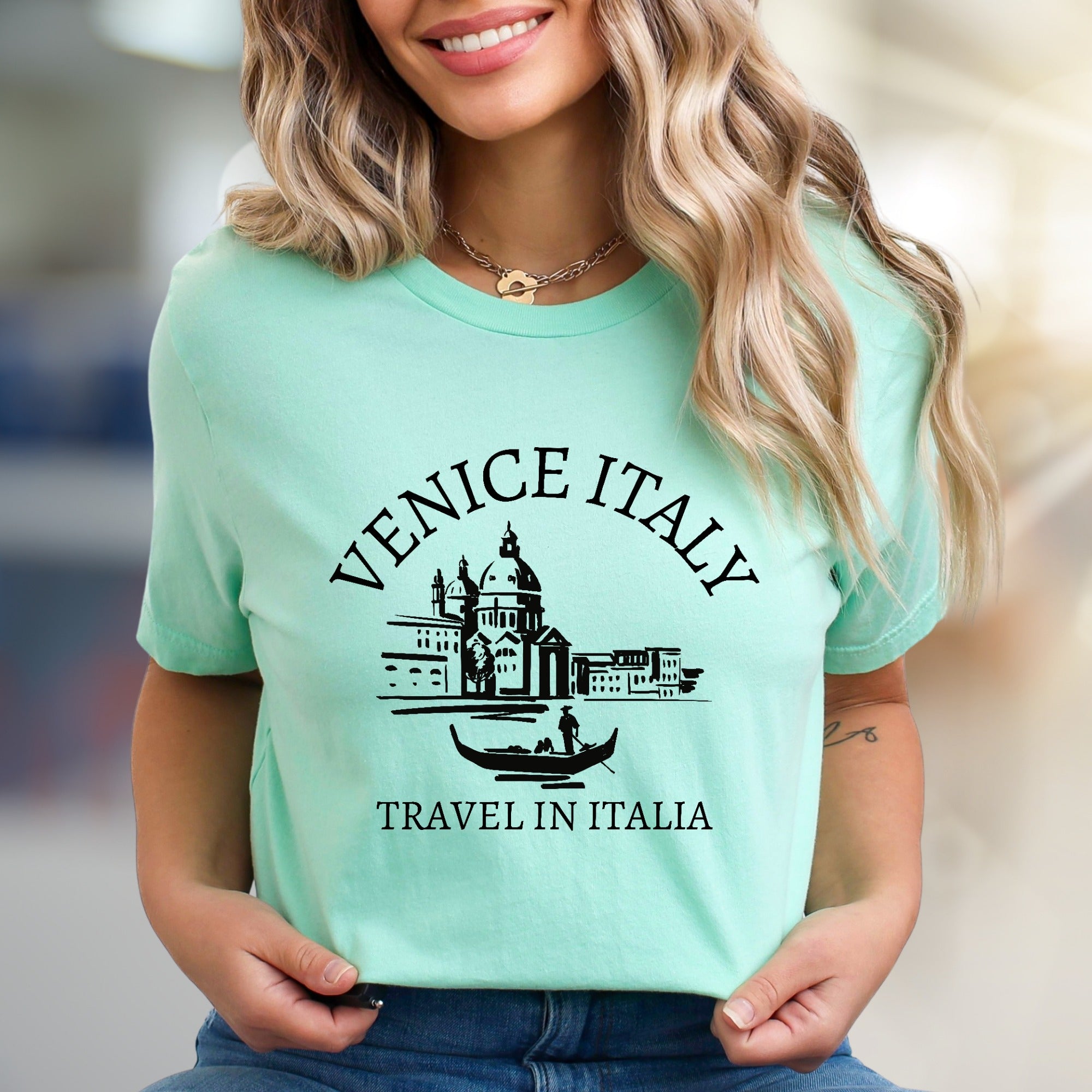 "VENICE ITALY TRAVEL IN ITALIA" Cityscape Graphic Tee, a European Travel Wear Pick for Wanderlusters