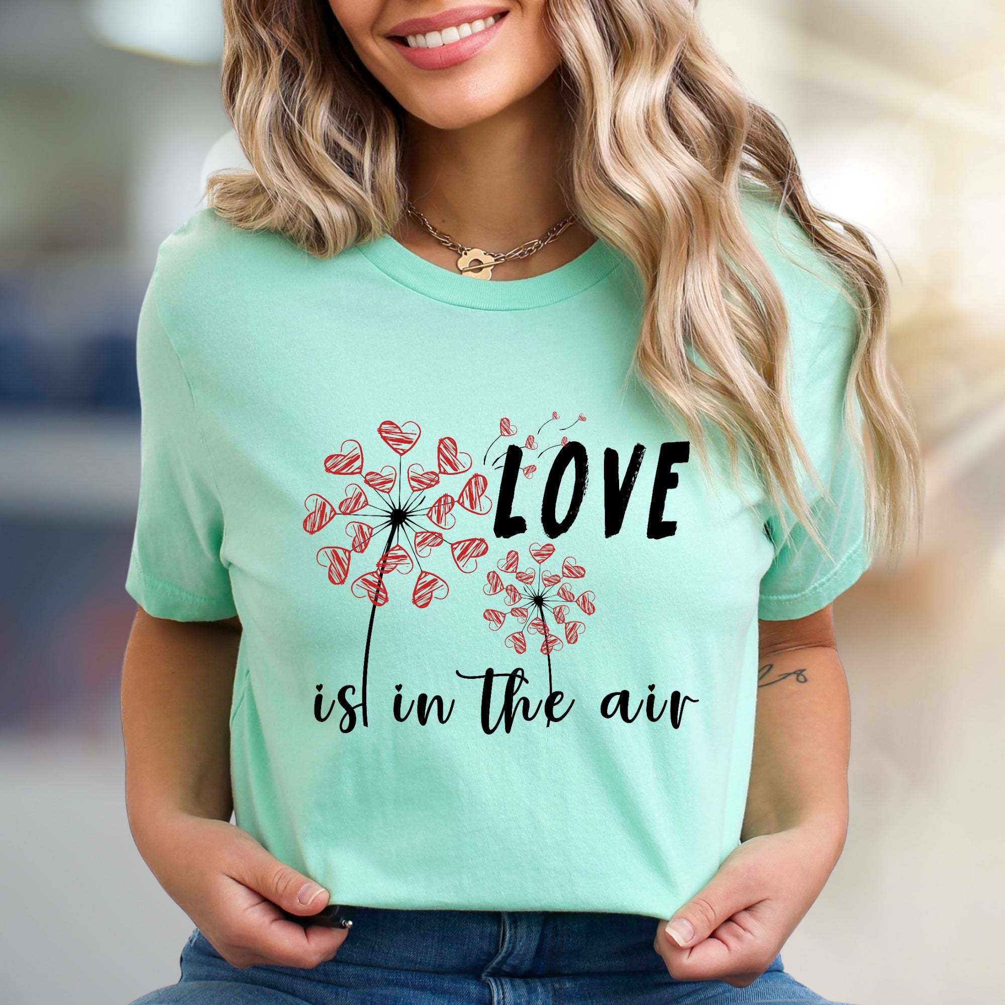 "LOVE is in the air" Dandelion Heart Graphic Tee, a Romantic Pick for Couples