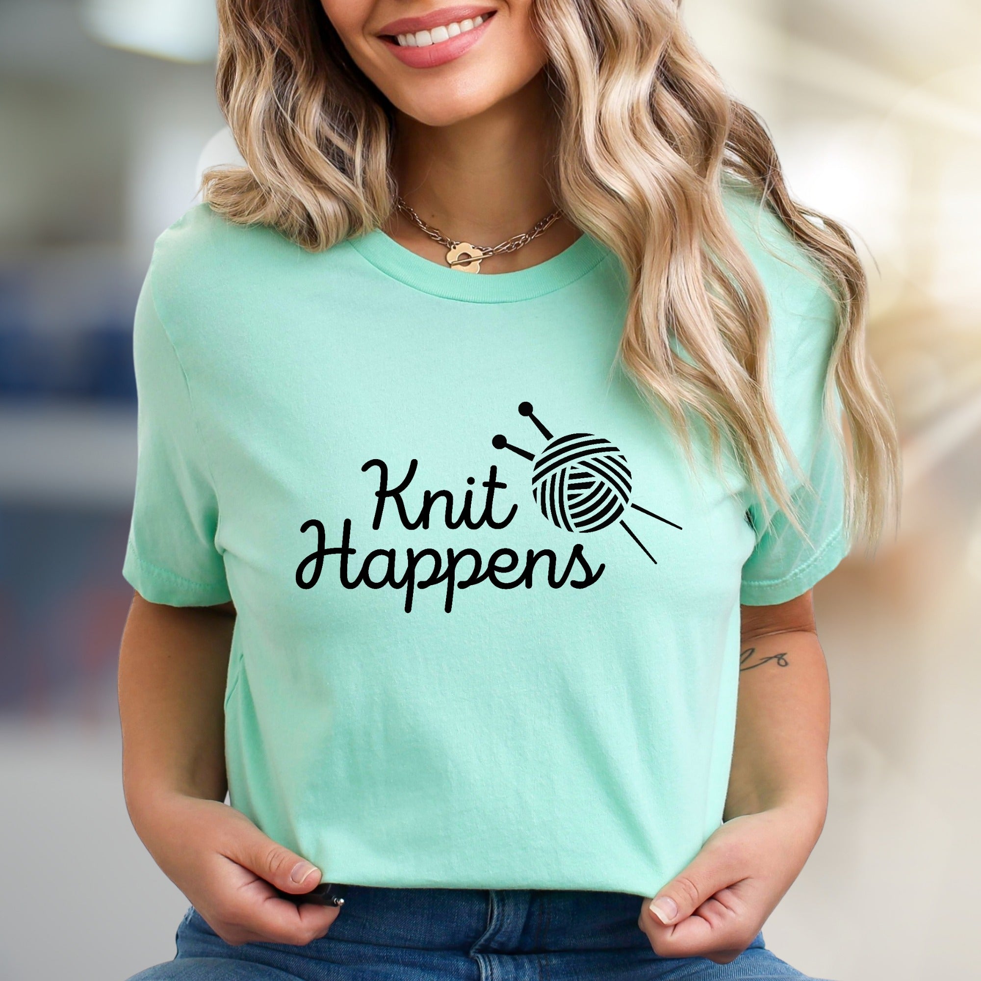 "Knit Happens" Knitting Pun Graphic Tee, A Crafty Pick for Humor Lovers