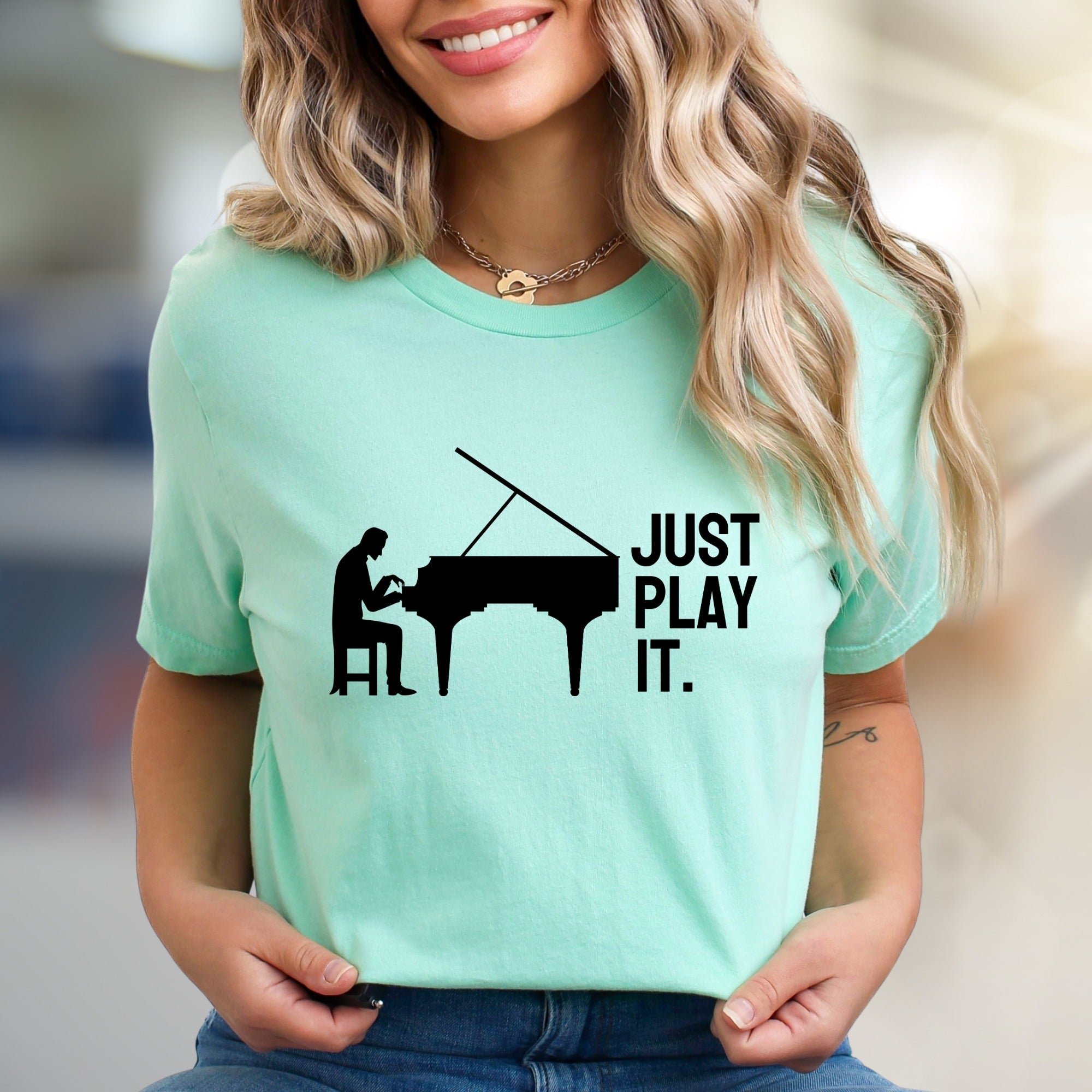 "JUST PLAY IT." Piano Graphic Tee, a Music Lover's Pick for Everyday Style