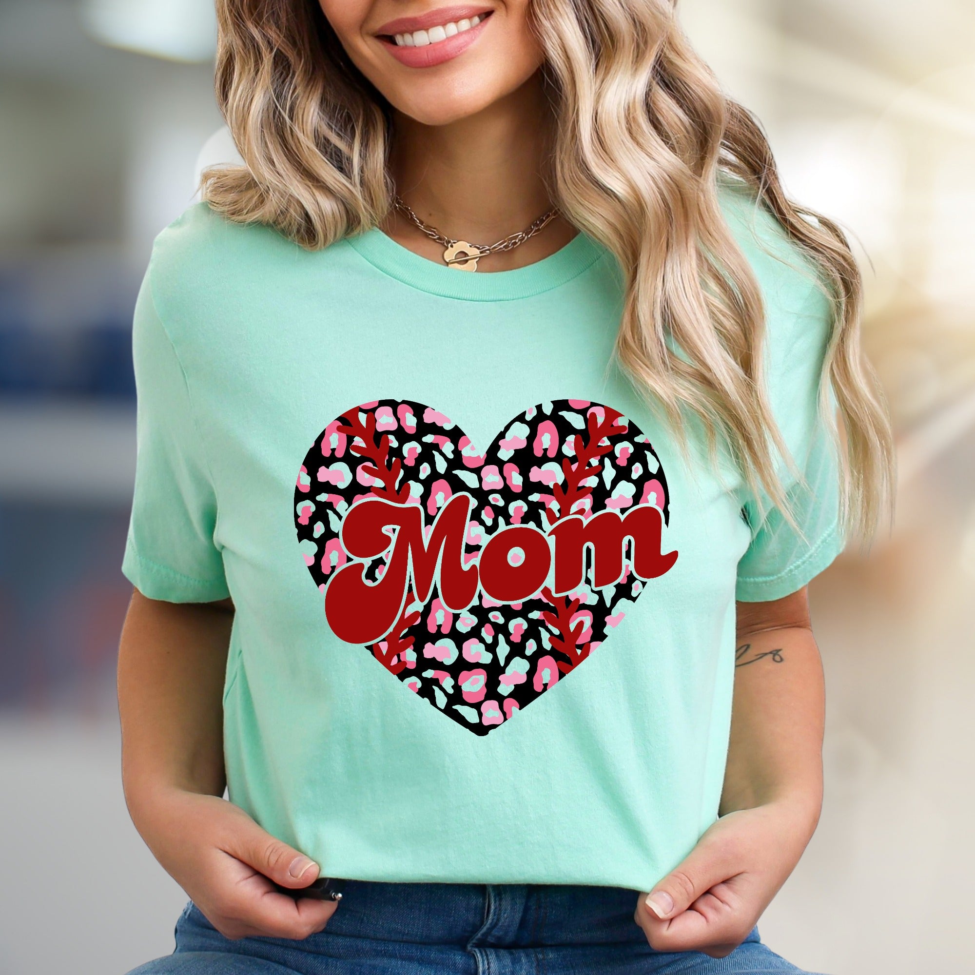 Mom Leopard Print Heart Baseball Graphic Tee, a Trendy Statement for Her