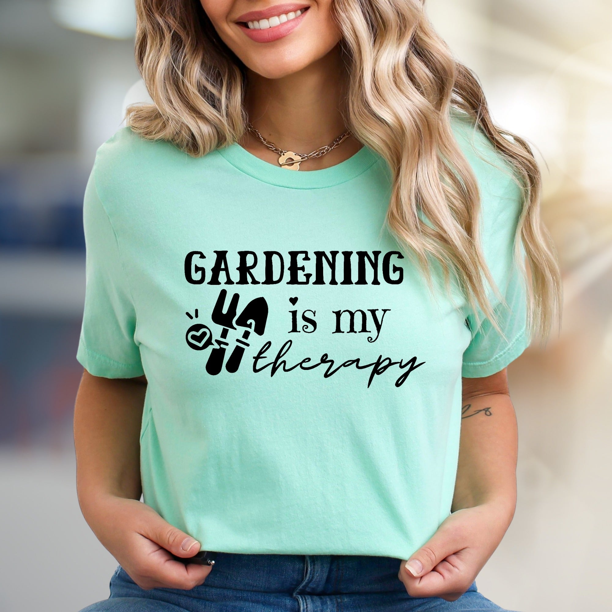"Gardening Is My Therapy" Garden Tools Graphic Tee, a Green Thumb Pick for Plant Lovers