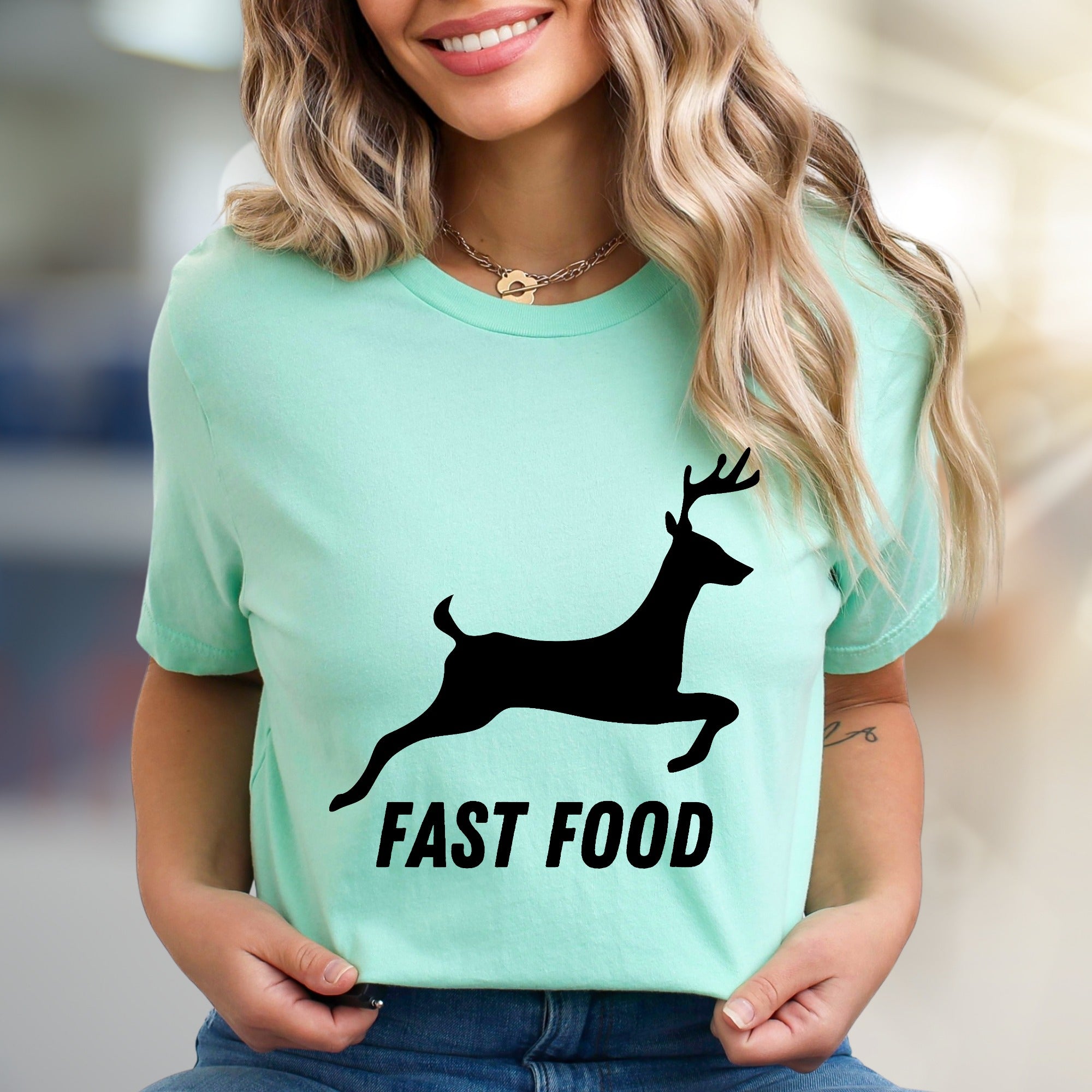 "Fast Food" Hunter Deer Graphic Tee, a Humorous Outdoorsy Pick for Enthusiasts