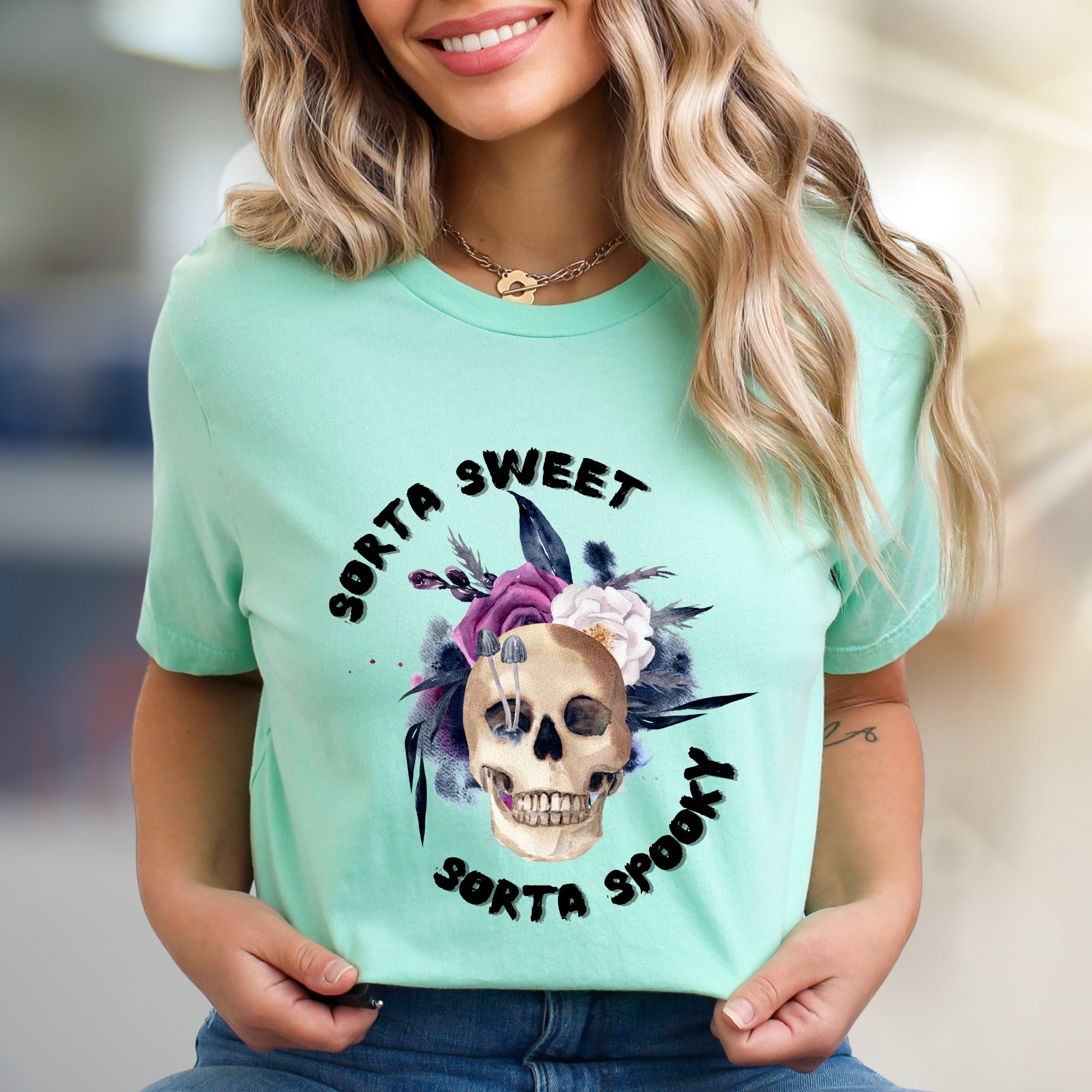 "Sorta Sweet Sorta Spooky" Skull Graphic Tee, a Gothic Chic Pick for Halloween Lovers