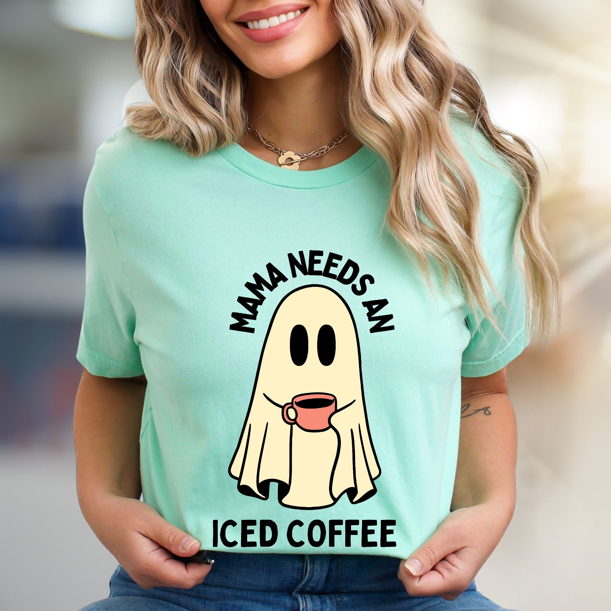 "Mama Needs An Iced Coffee" Spooky Coffee Lover Graphic Tee, a Humorous Mom Pick for Everyday Comfort
