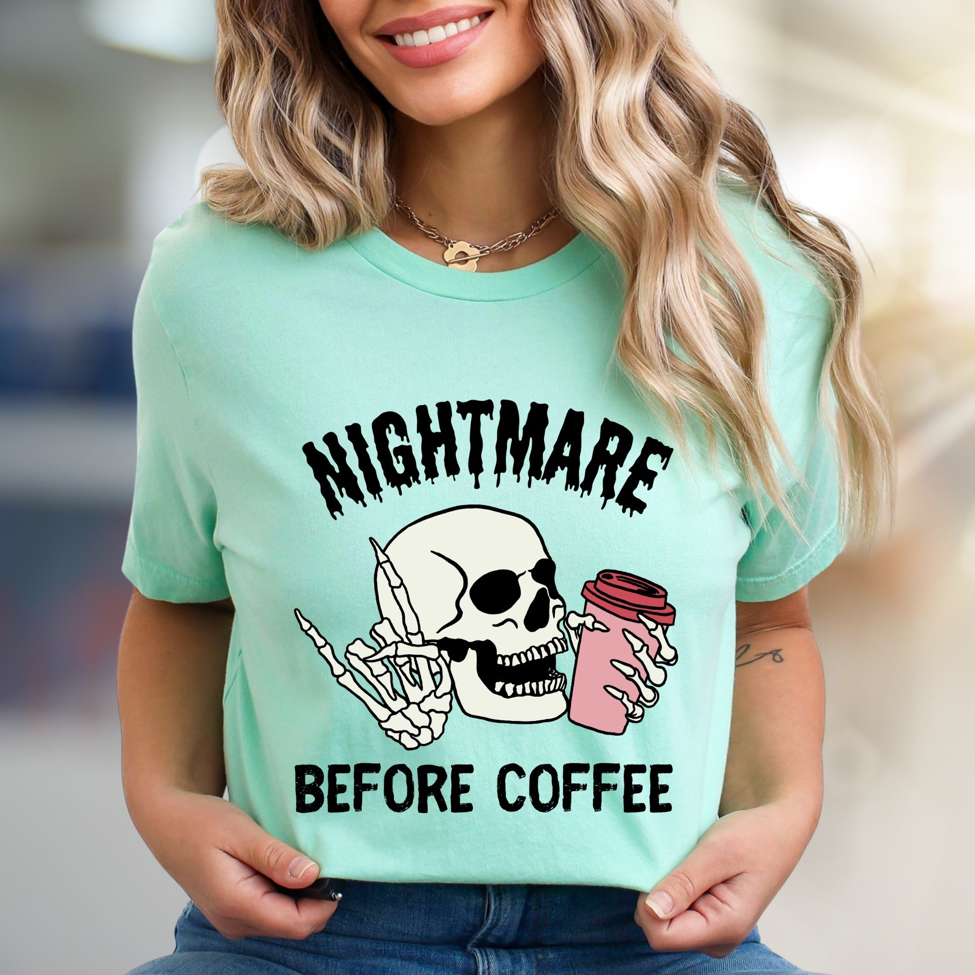 "NIGHTMARE BEFORE COFFEE" Humorous Skeleton Graphic Tee, a Witty Statement for Coffee Lovers