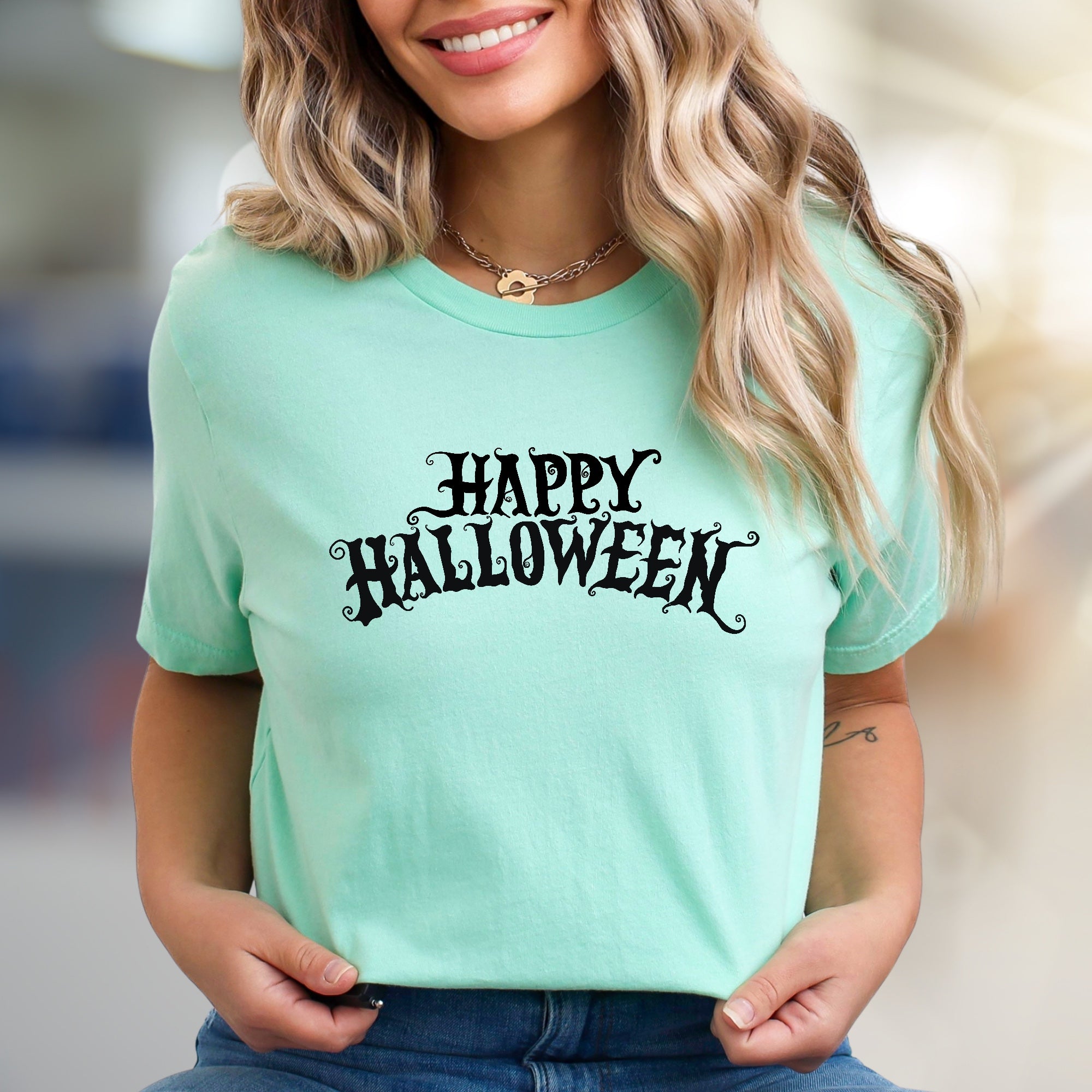 "Happy Halloween" Spooky Script Graphic Tee, a Festive Pick for Autumn Lovers