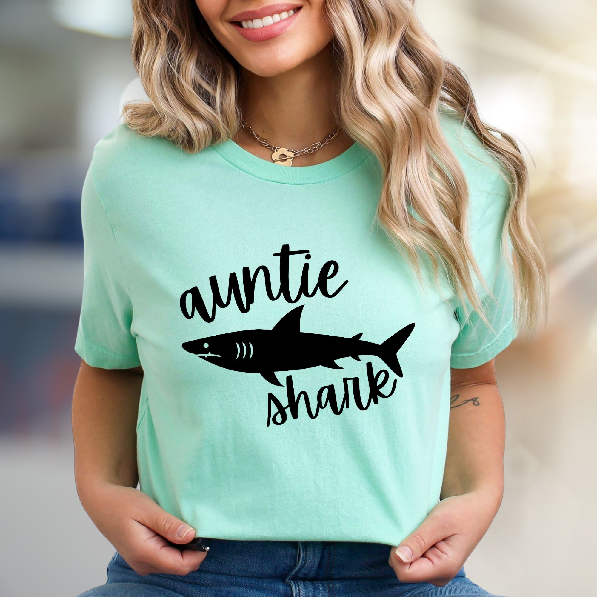 "Auntie Shark" Ocean Fun Graphic Tee, a Family Love Pick for Cool Aunts