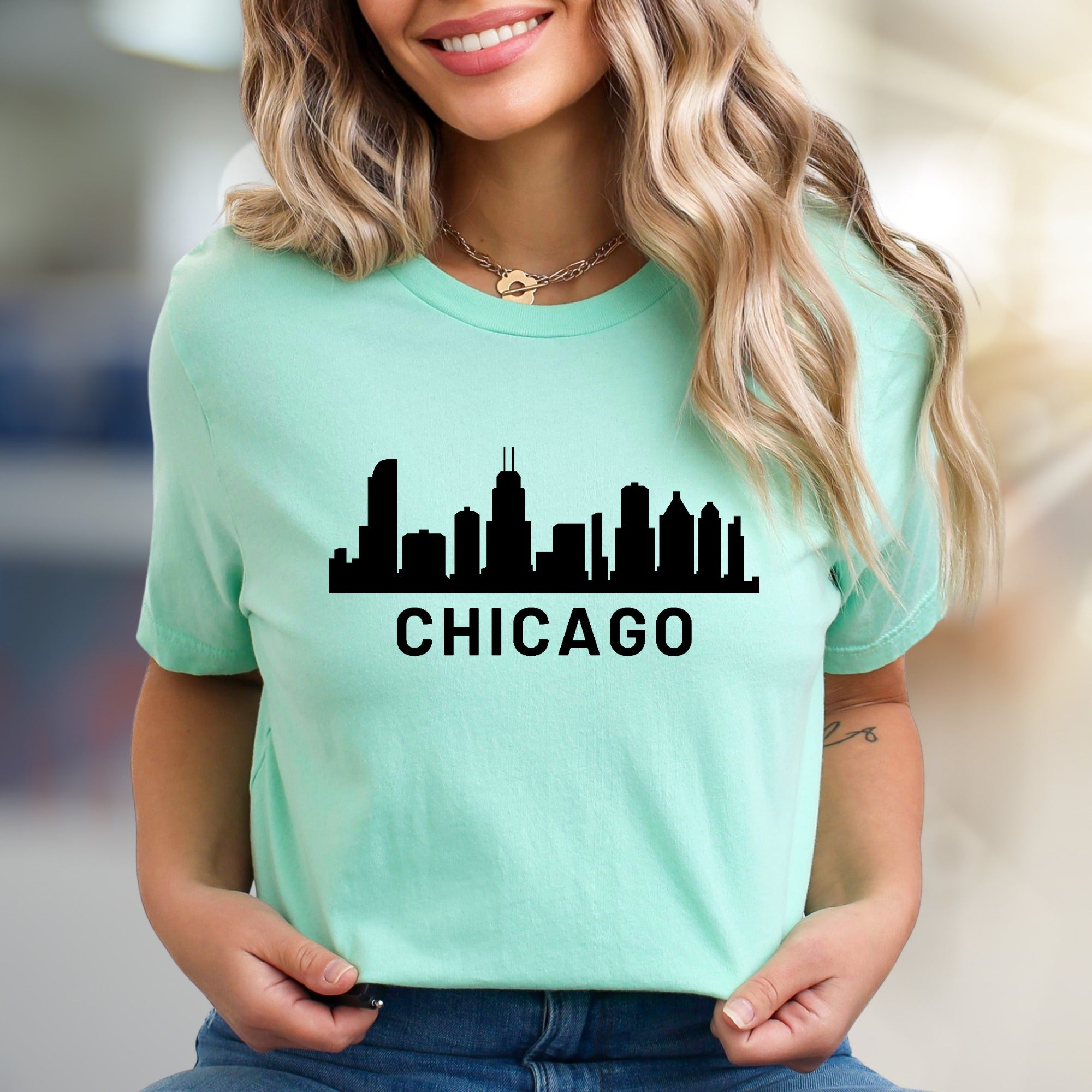 "CHICAGO" Skyline Graphic Tee, an Urban Chic Pick for City Lovers