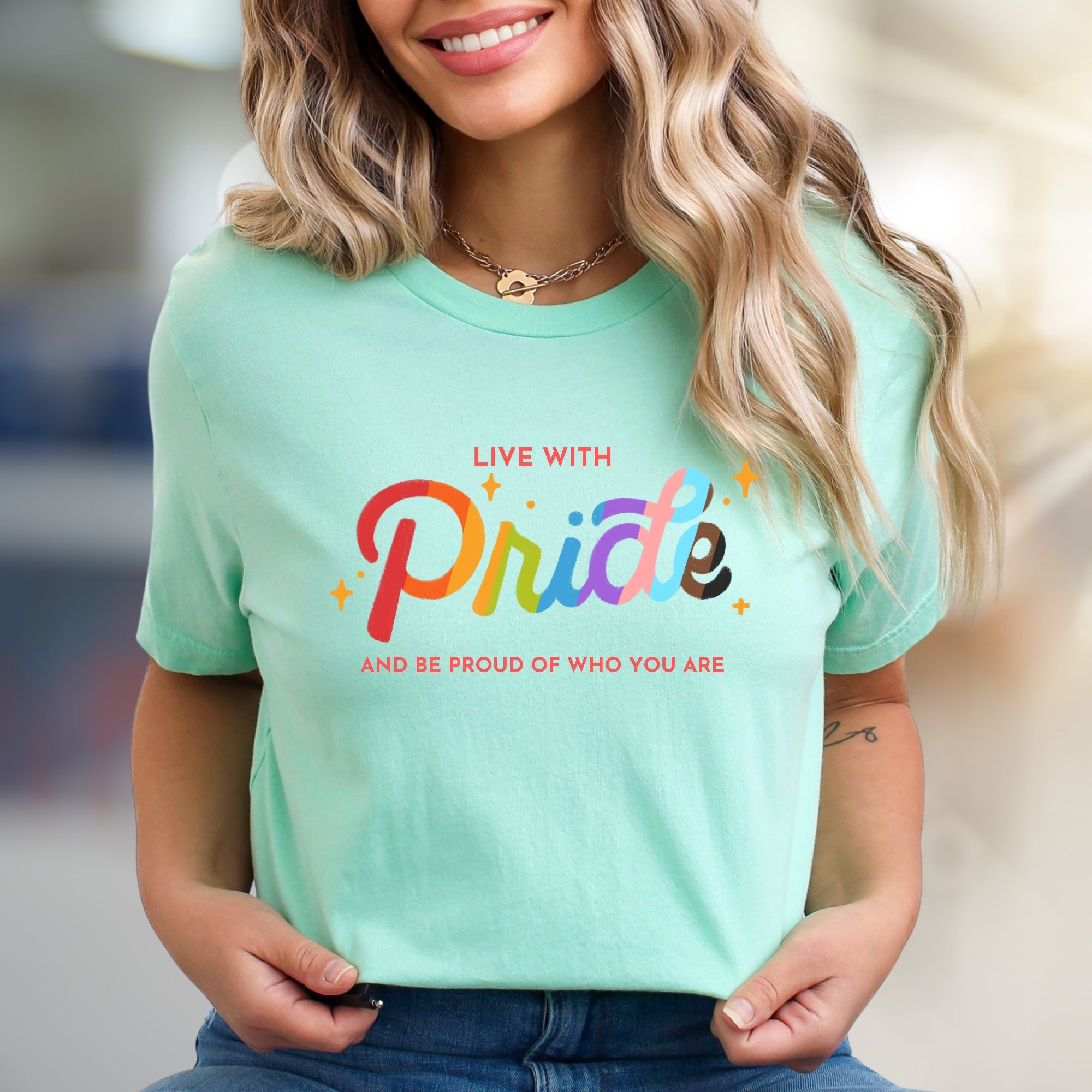 "Live With Pride" Rainbow Sparkle Graphic Tee, a Bold Statement for Everyone