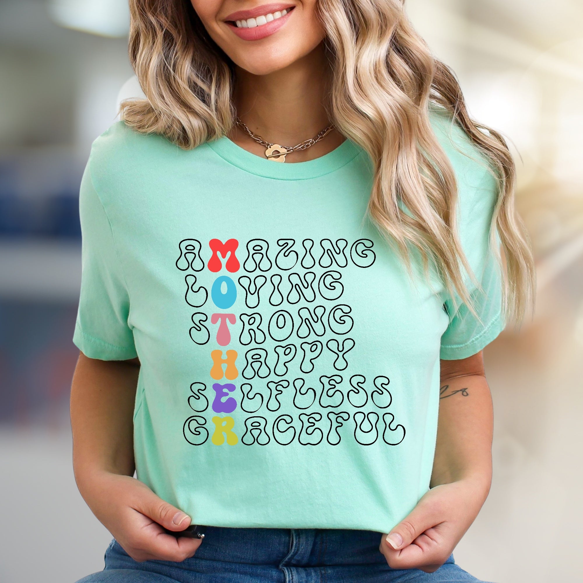 "Amazing Loving Strong Happy Selfless Graceful" Motherhood Graphic Tee, a Heartfelt Pick for Moms