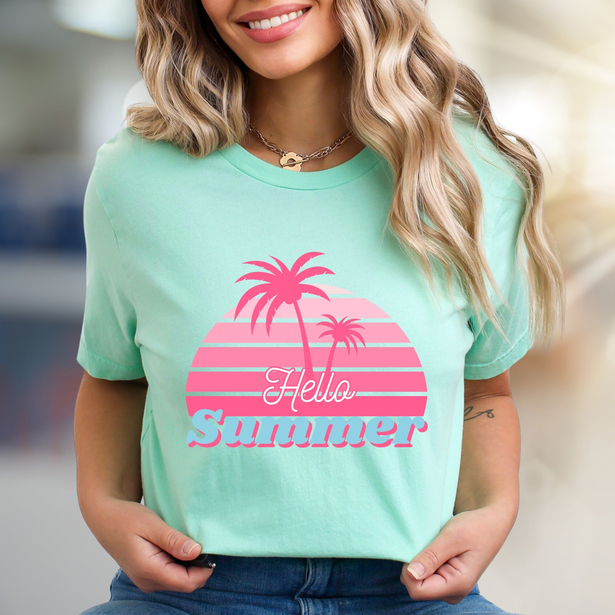 "Hello Summer" Tropical Sunset Graphic Tee, a Vacation Vibes Pick for Beach Lovers