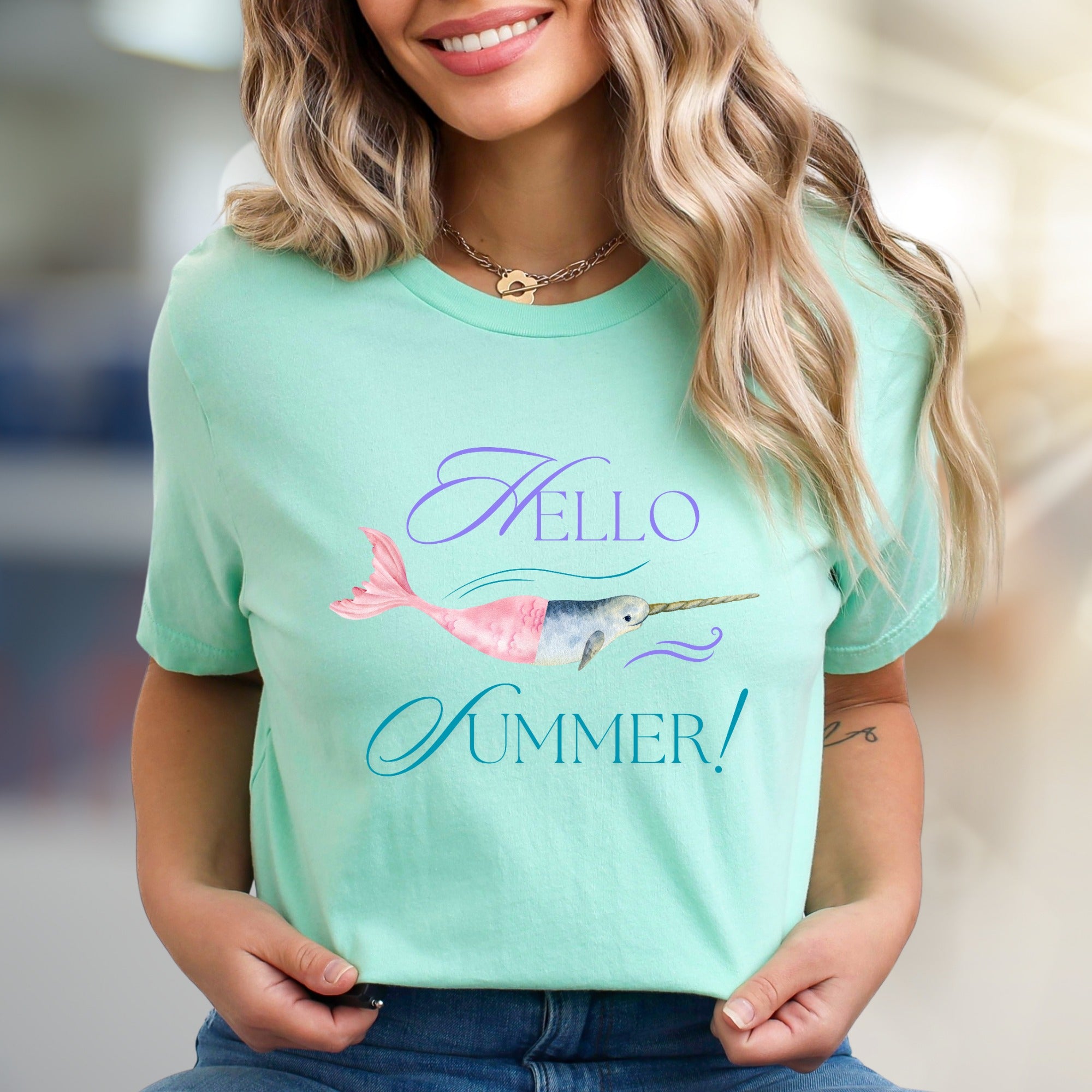 Hello Summer! Narwhal Graphic Tee, a Whimsical Pick for Ocean Lovers