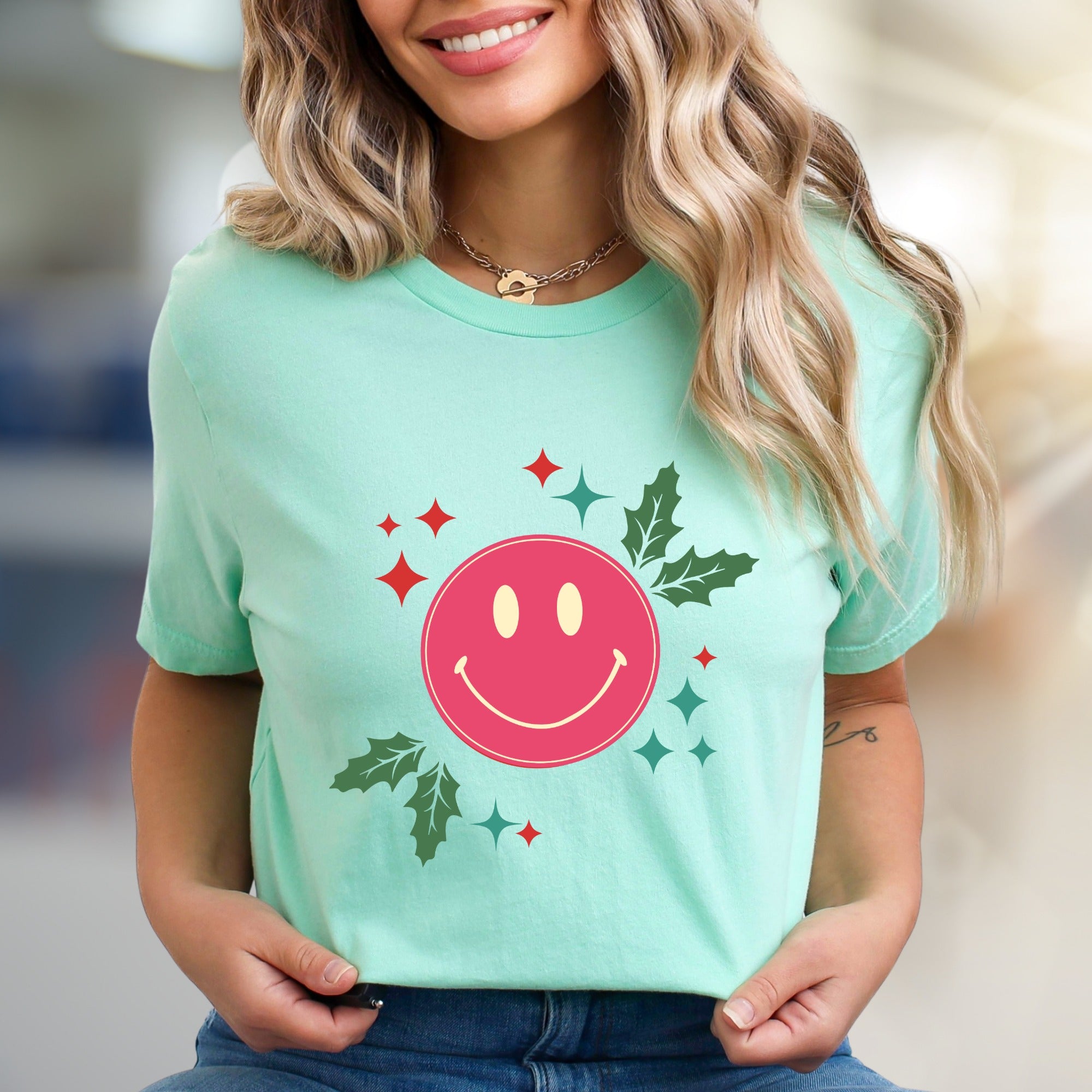 Happy Holly Jolly Smile Face Graphic Tee, a Festive Comfort Pick for Joyful Spirits