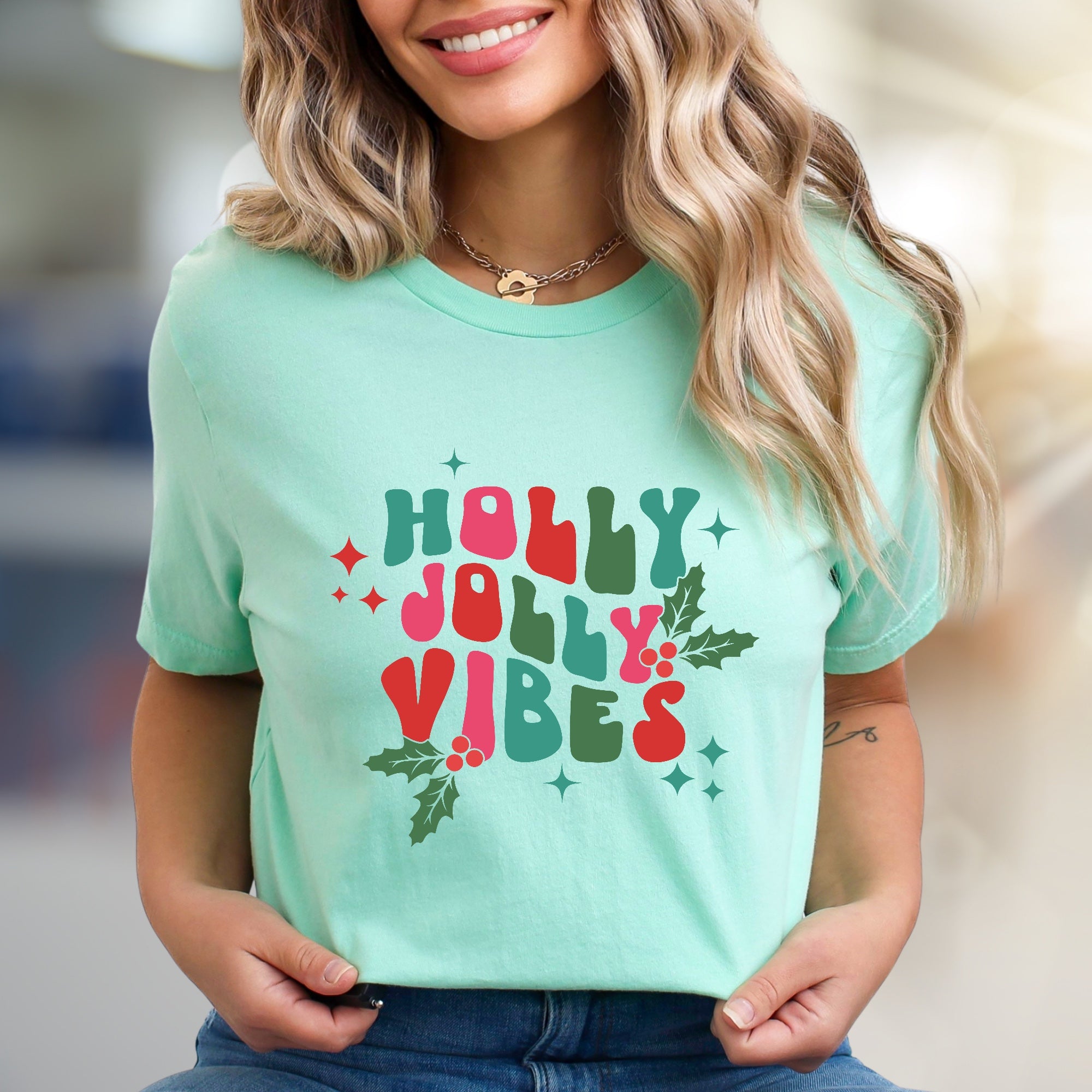 "Holly Jolly Vibes" Retro Holiday Graphic Tee, a Festive Pick for Christmas Lovers