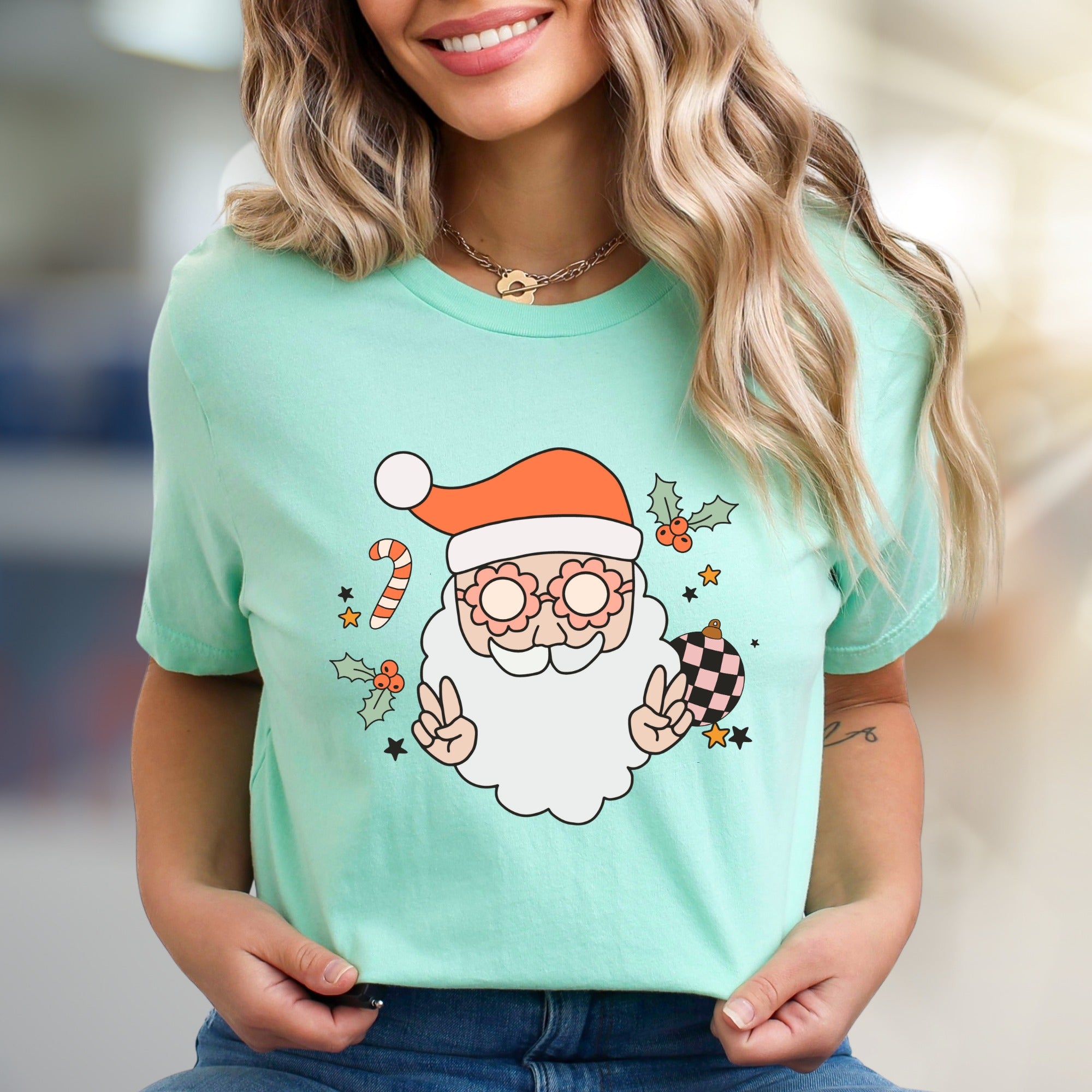 Funky Santa Peace Sign Holly Jolly Christmas Graphic Tee, a Retro Holiday Pick for Everyone