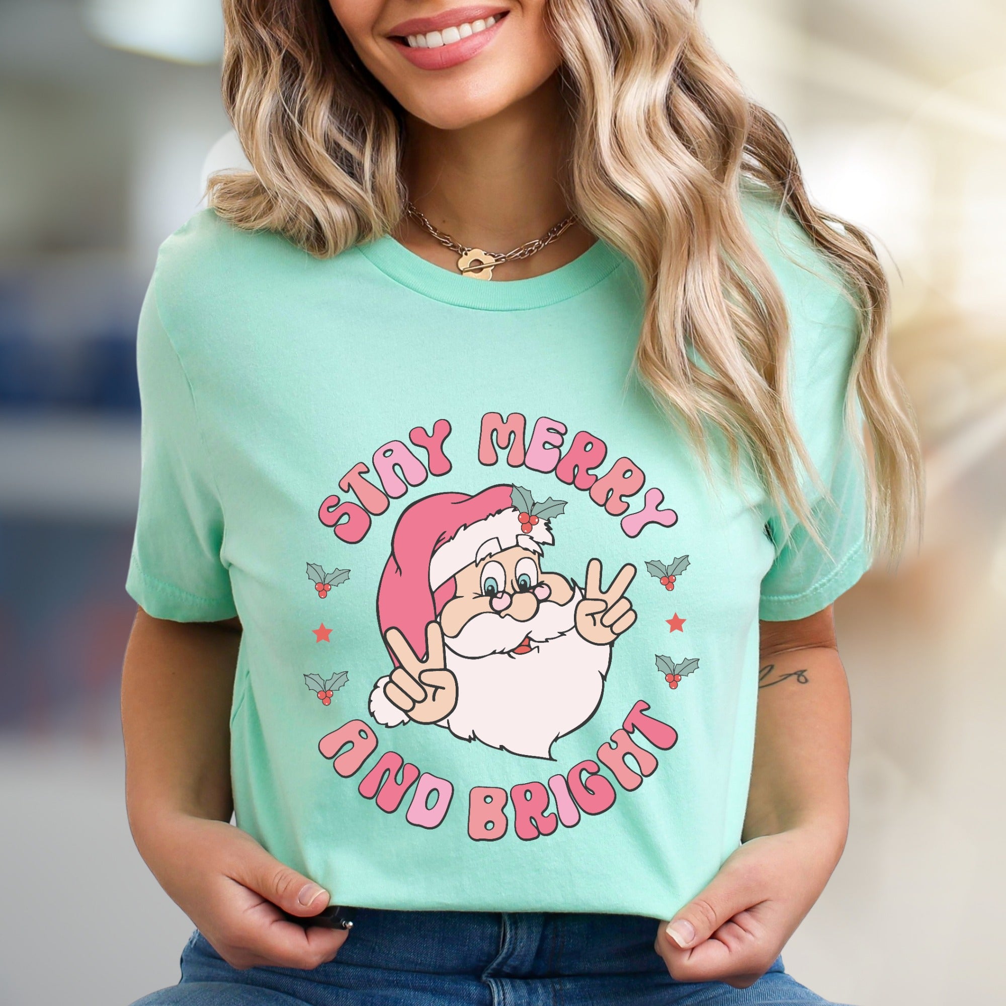 "Stay Merry and Bright" Groovy Santa Graphic Tee, a Retro Christmas Pick for Holiday Lovers