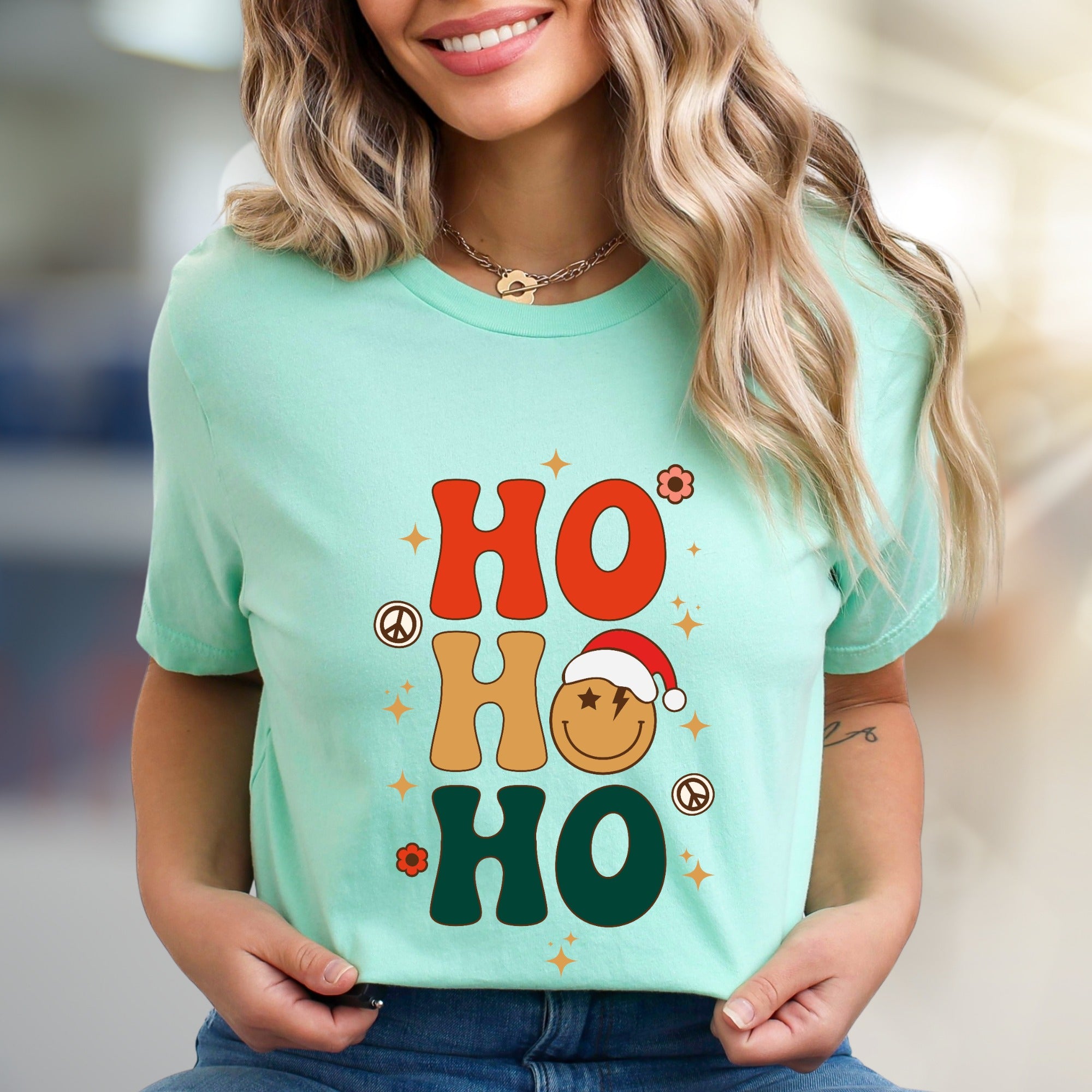 "HO HO HO" Retro Smiley Graphic Tee, a Festive Holiday Pick for Merrymakers