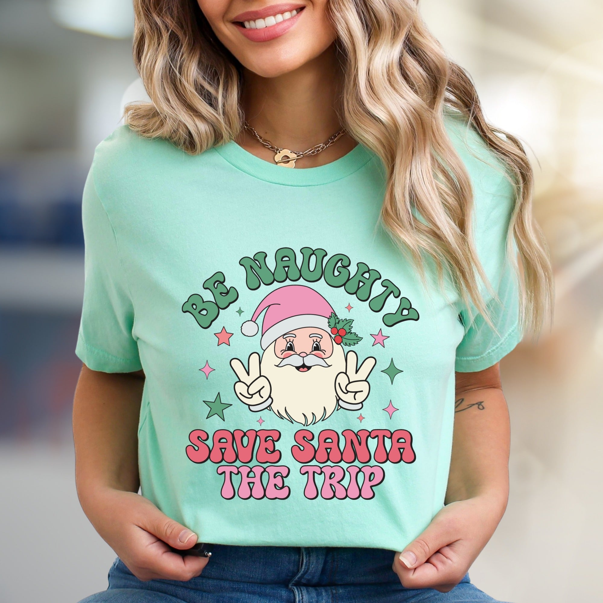 "Be Naughty Save Santa The Trip" Groovy Santa Graphic Tee, a Funny Christmas Pick for Holiday Lovers