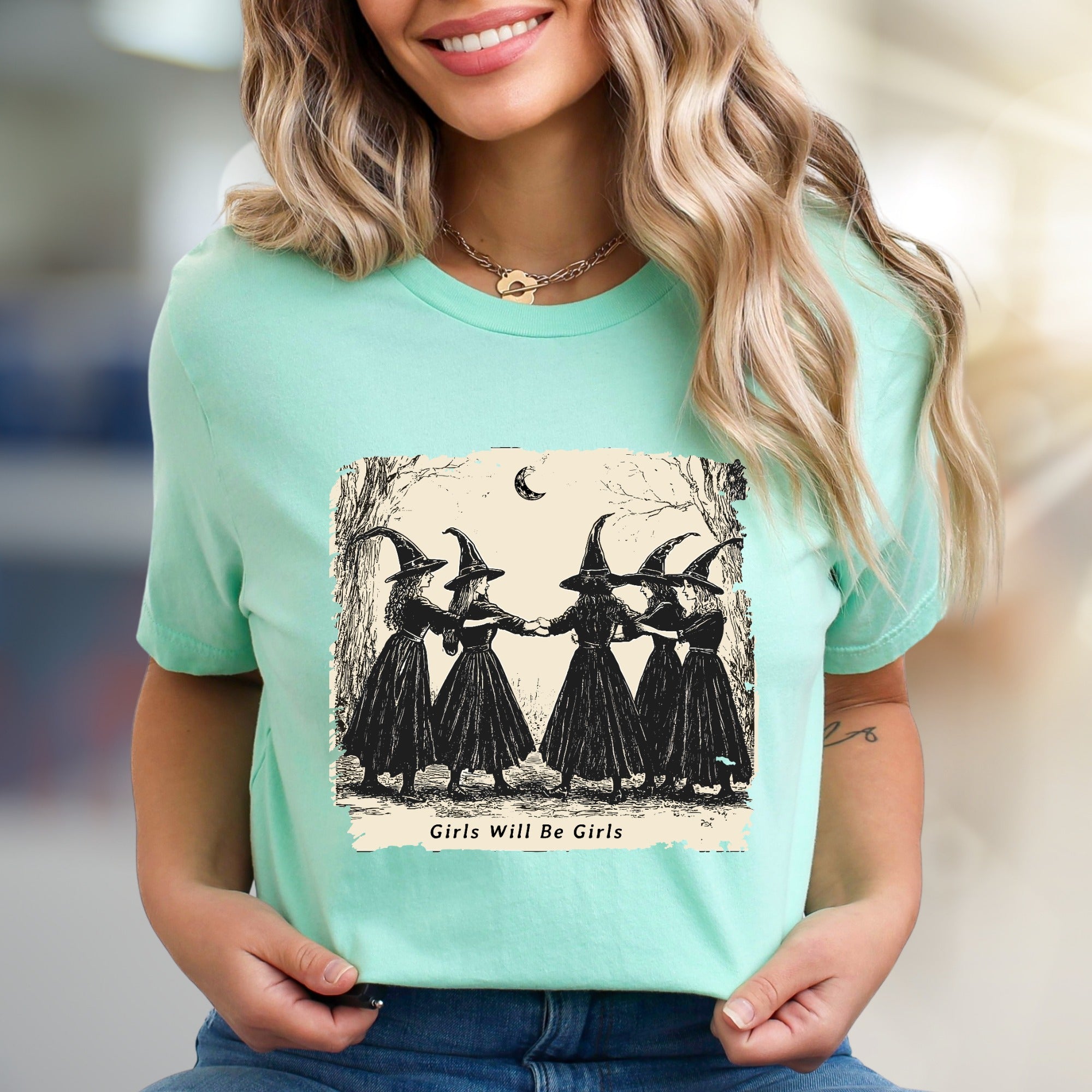 "Girls Will Be Girls" Witchy Sisterhood Graphic Tee, A Mystical Folk Art Pick for Free Spirits