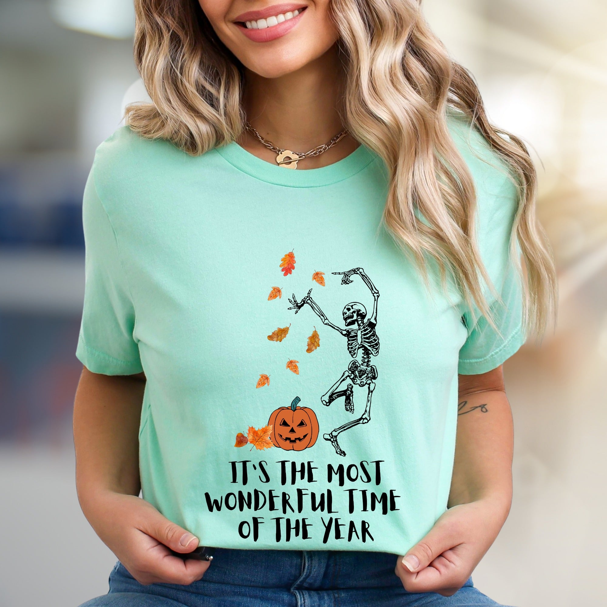 It's the Most Wonderful Time of the Year Halloween Skeleton Graphic Tee, a Spooky Season Pick for Fall Enthusiasts