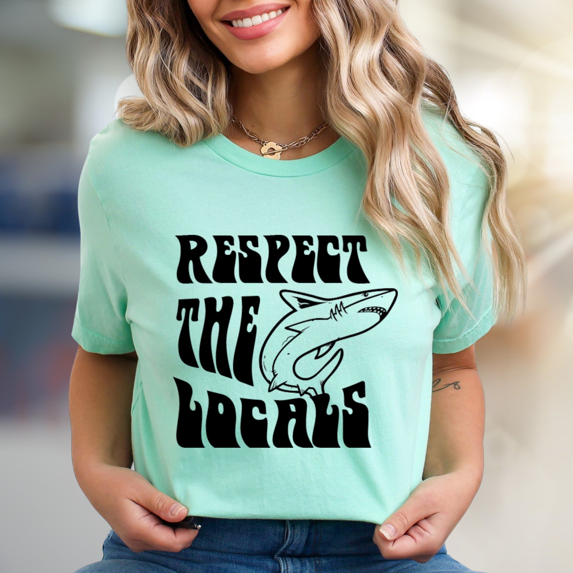 "Respect The Locals" Shark Graphic Tee, A Coastal-Cool Pick for Ocean Lovers