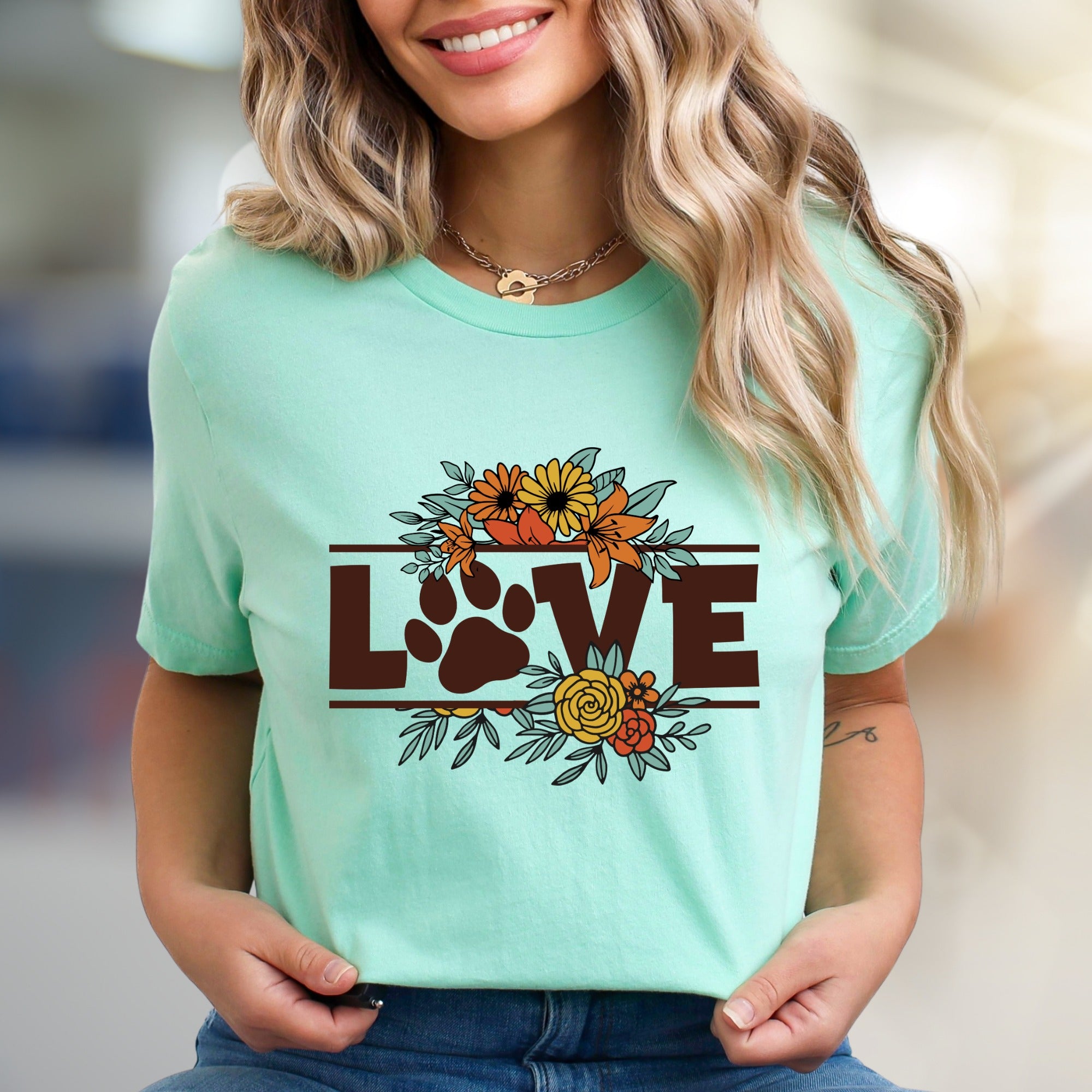 "LOVE" Floral Paw Print Graphic Tee, a Bohemian Pet Lover's Pick for Everyday Style