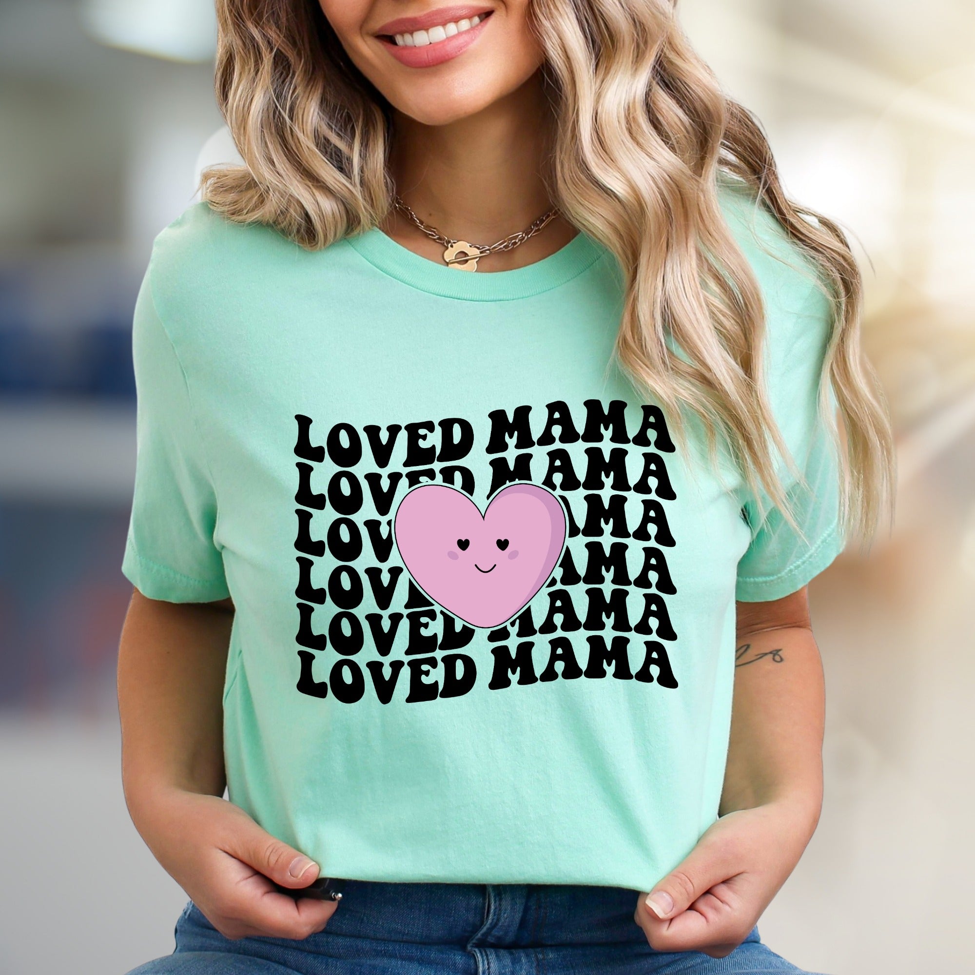 "LOVED MAMA" Retro Wavy Heart Graphic Tee, a Sweet Mother's Day Pick for Her