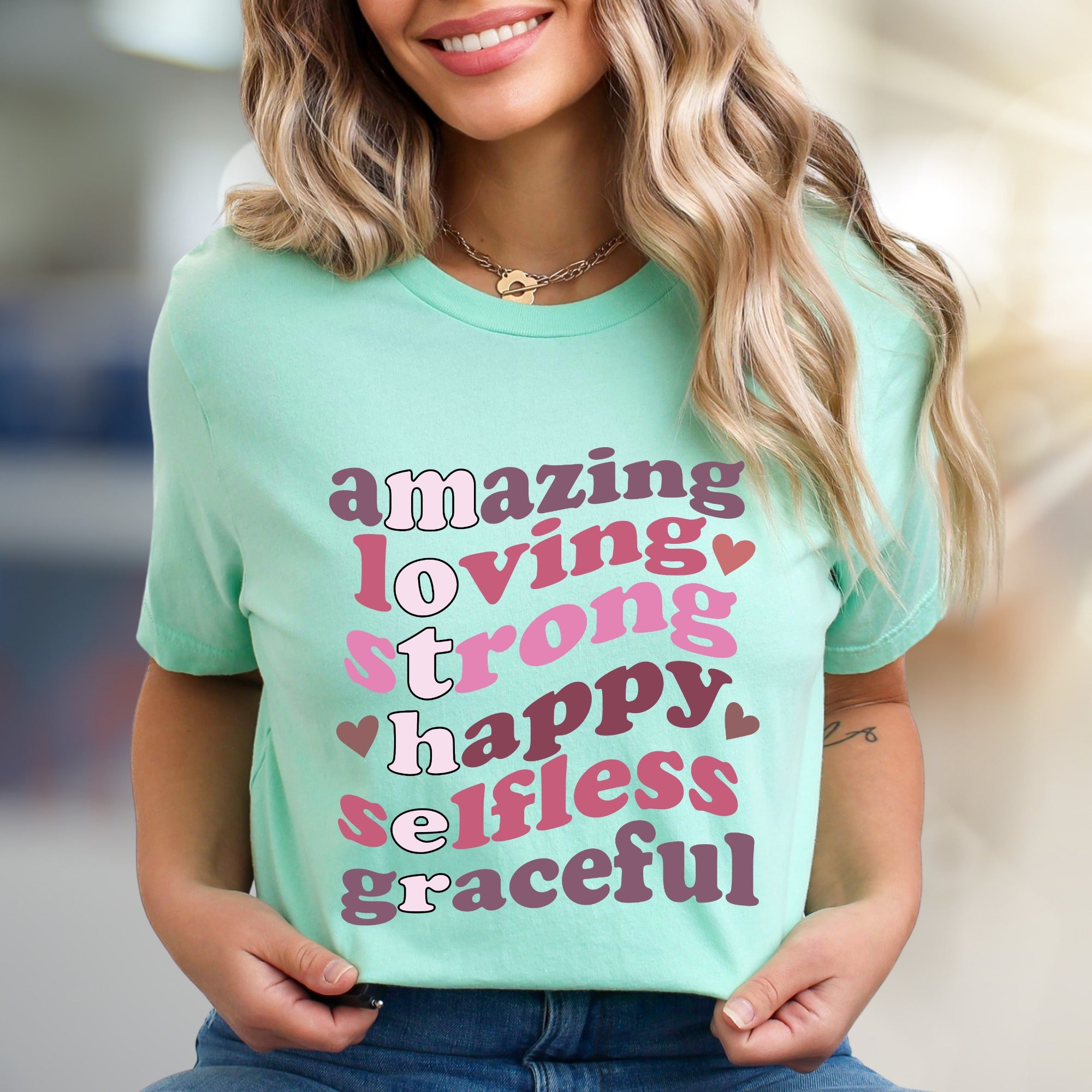 "Amazing Loving Strong Happy Selfless Graceful" Empowering Groovy Graphic Tee, a Self-Love Pick for Her